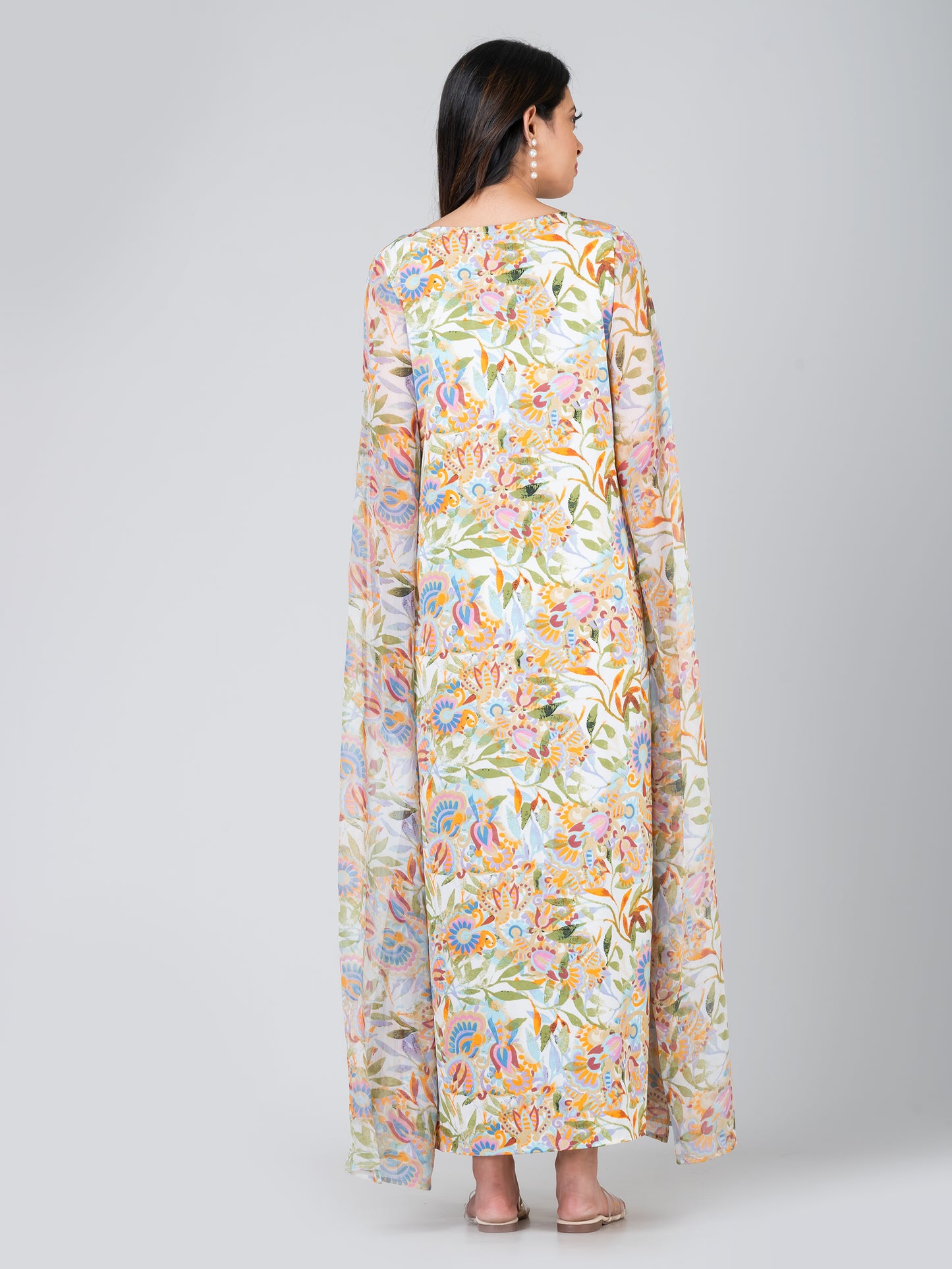 Women's Elegant Extra-Long Sleeve Floral Printed Crepe Maxi Dress