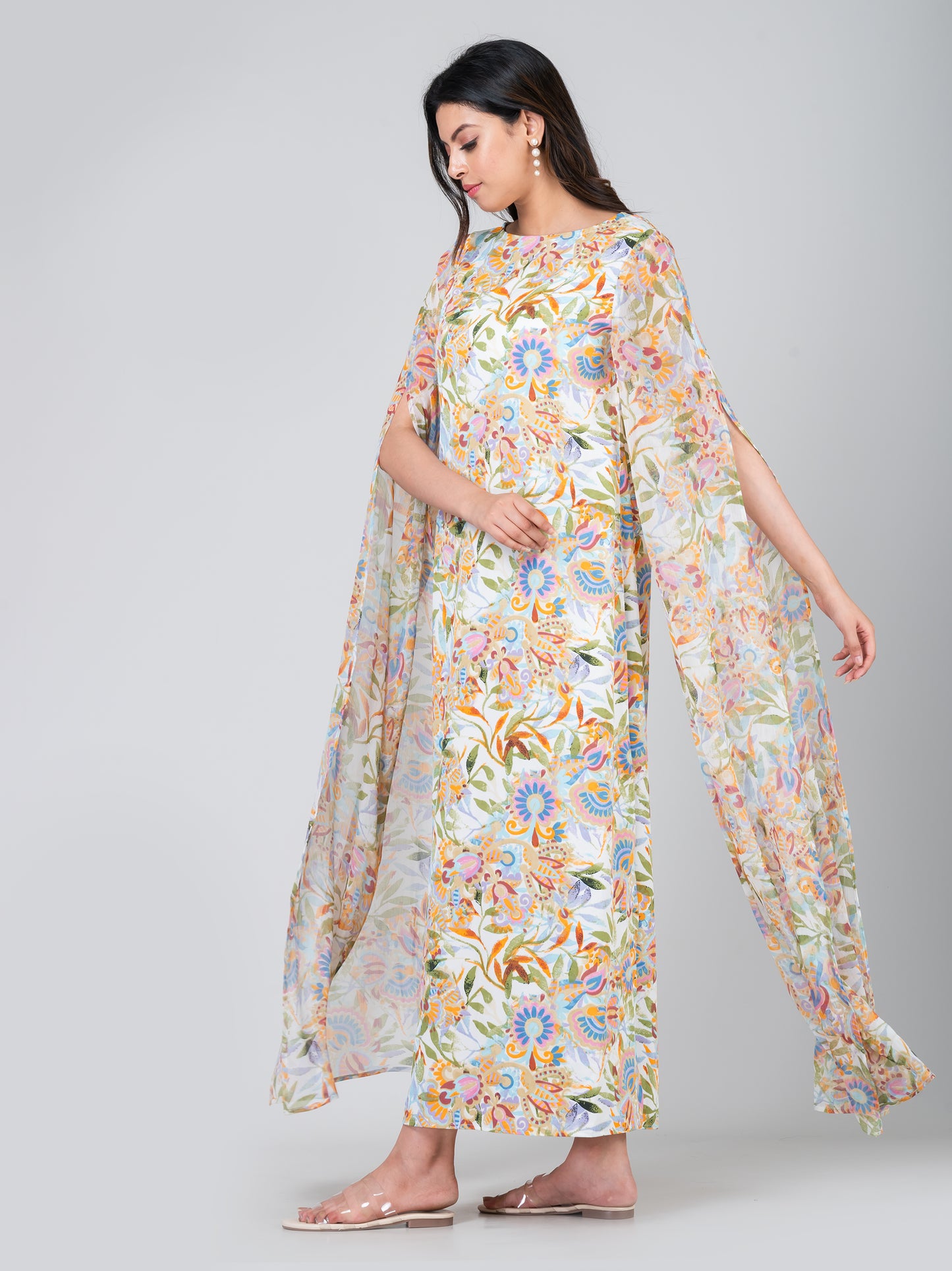 Women's Elegant Extra-Long Sleeve Floral Printed Crepe Maxi Dress