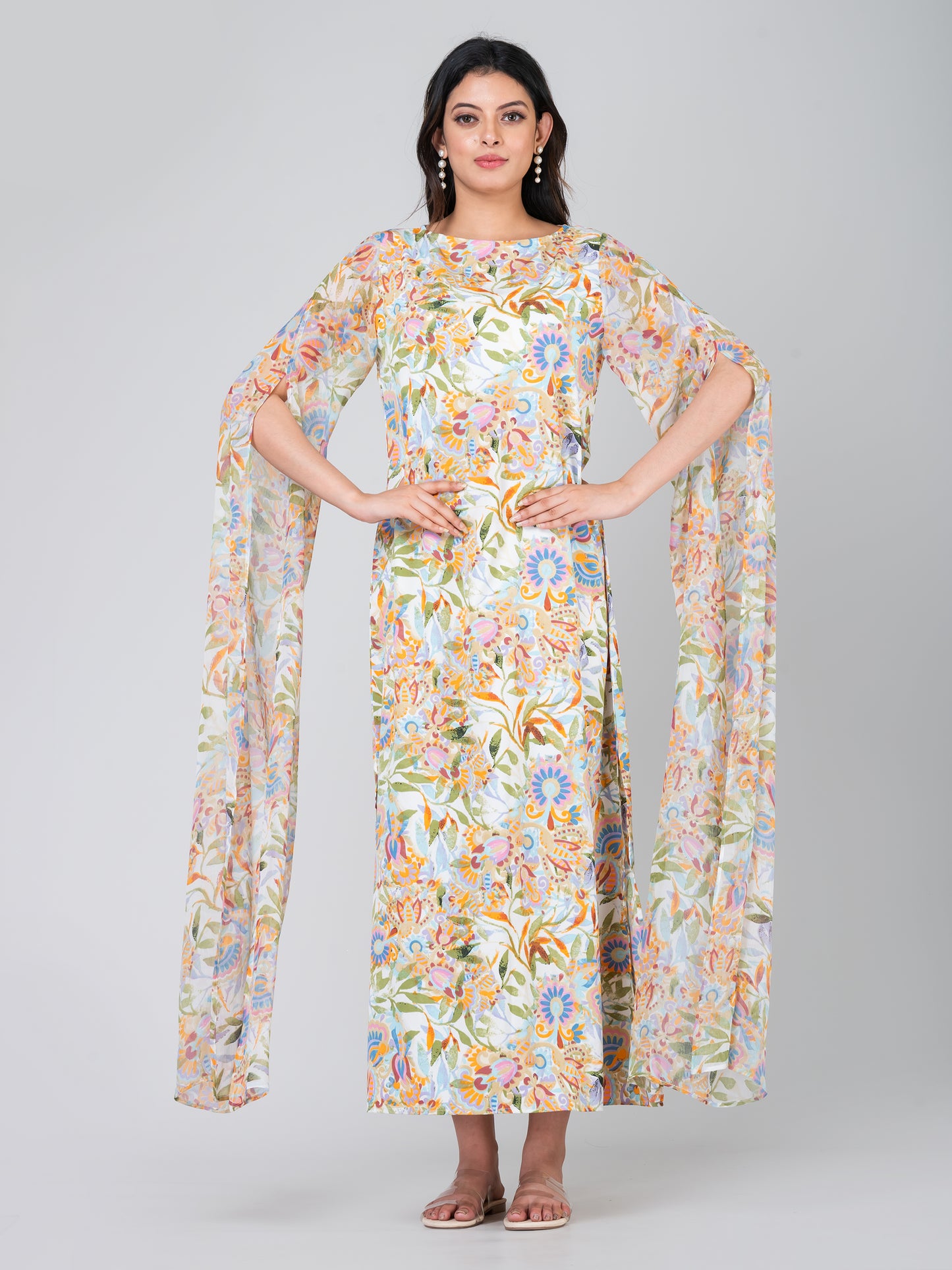 Women's Elegant Extra-Long Sleeve Floral Printed Crepe Maxi Dress