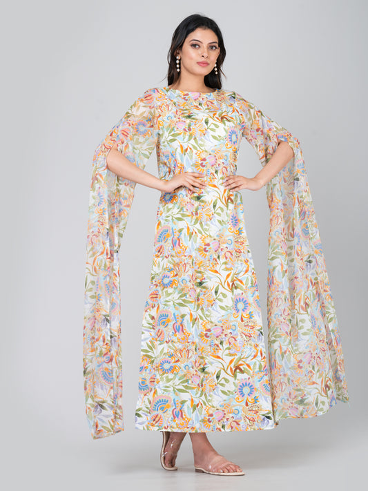 Women's Elegant Extra-Long Sleeve Floral Printed Crepe Maxi Dress