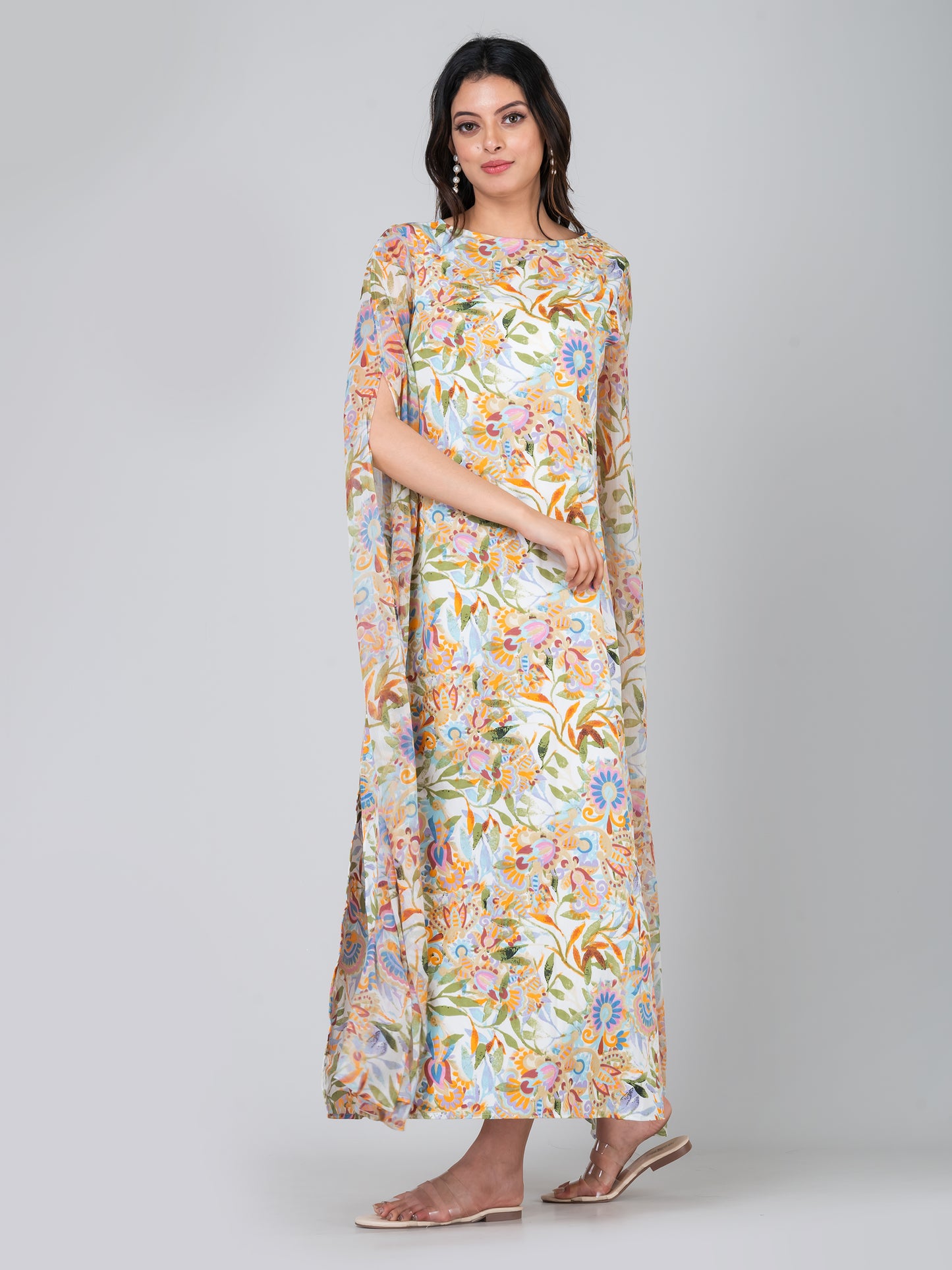 Women's Elegant Extra-Long Sleeve Floral Printed Crepe Maxi Dress