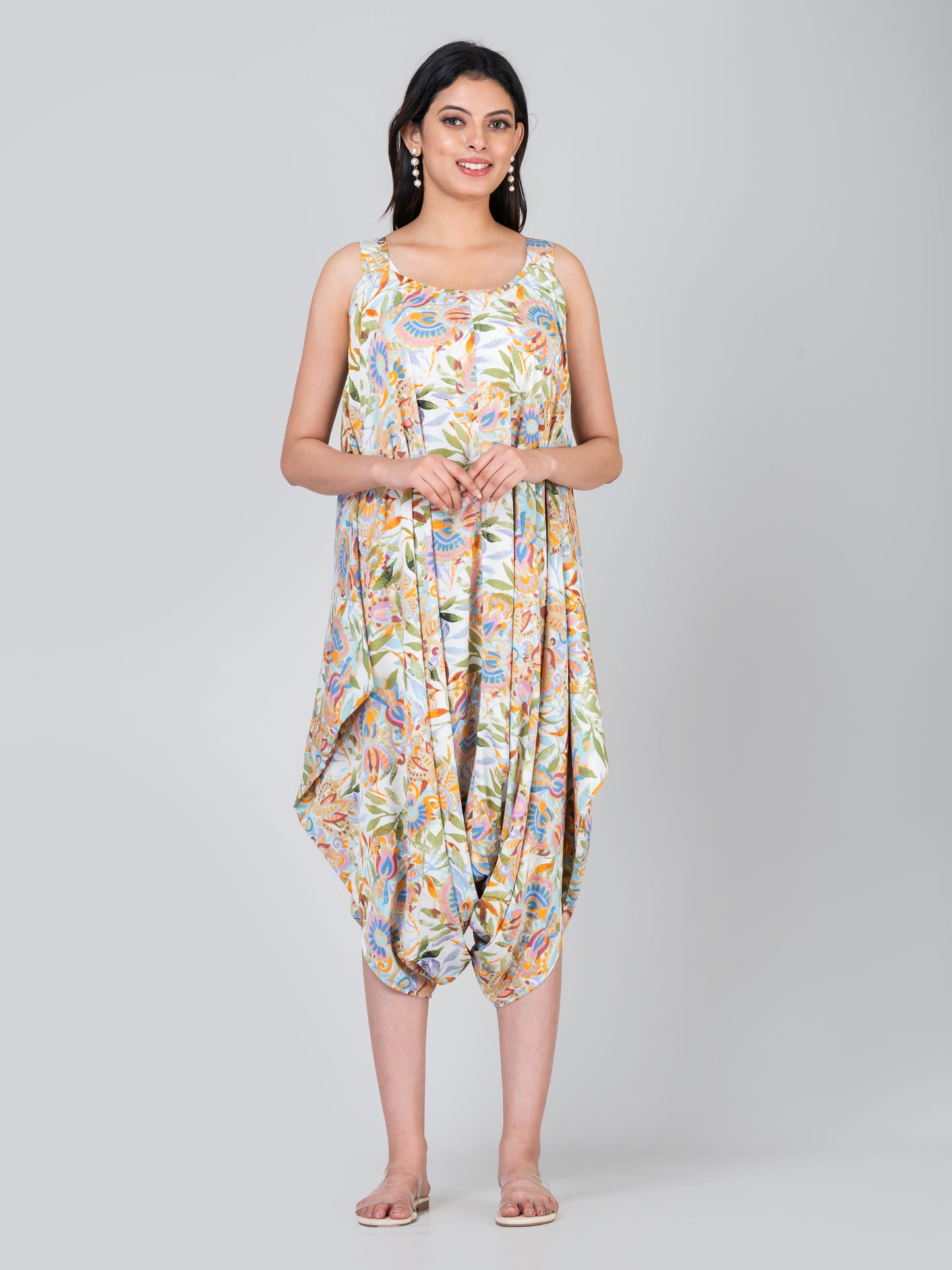 Women's Trendy Floral Printed Culotte Crepe Jumpsuit with Chiffon Shrug