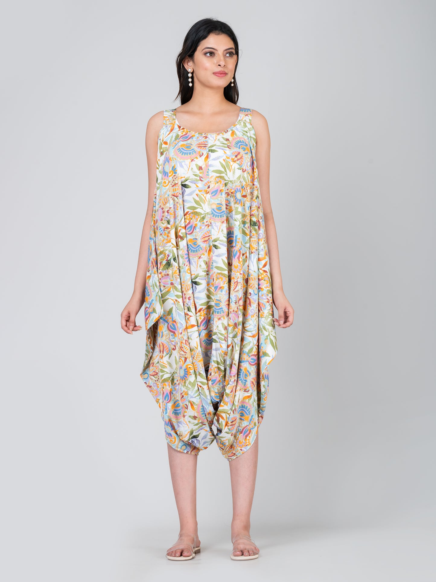 Women's Trendy Floral Printed Culotte Crepe Jumpsuit with Chiffon Shrug