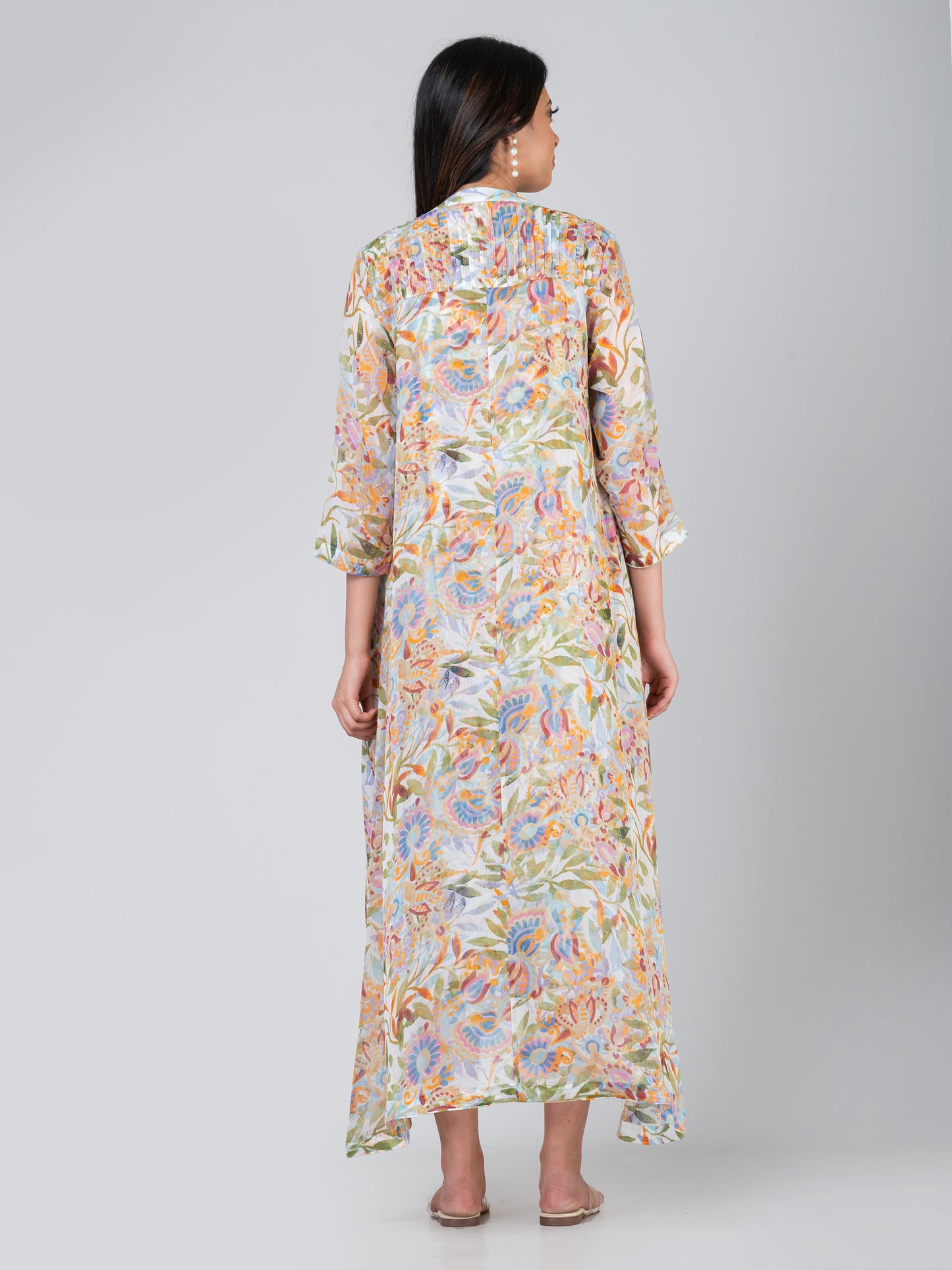 Women's Trendy Floral Printed Culotte Crepe Jumpsuit with Chiffon Shrug