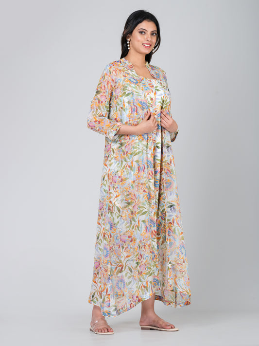 Women's Trendy Floral Printed Culotte Crepe Jumpsuit with Chiffon Shrug