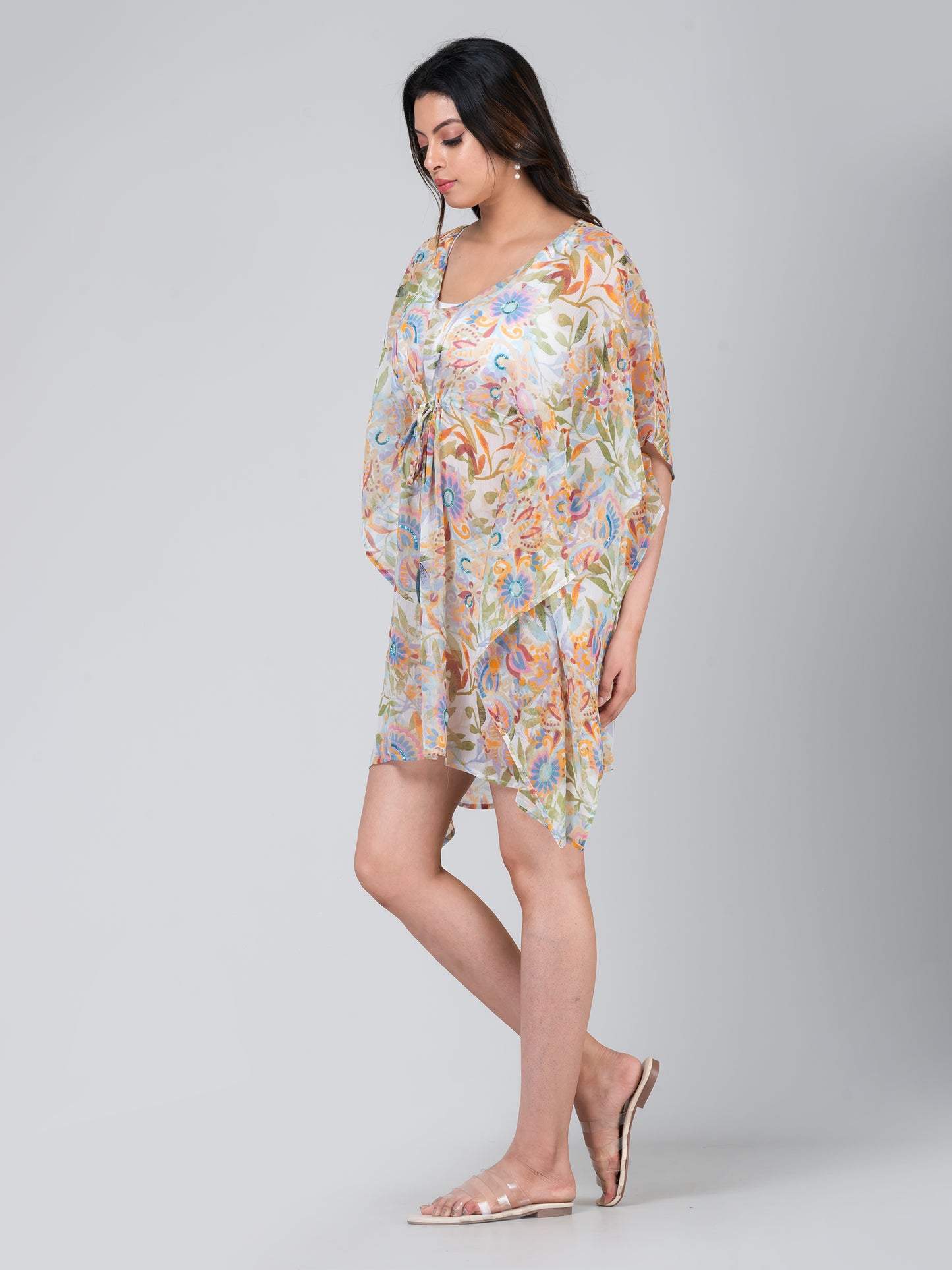 Women's Printed Sheer Cover Up Hand Sequin Embroidered Kaftan