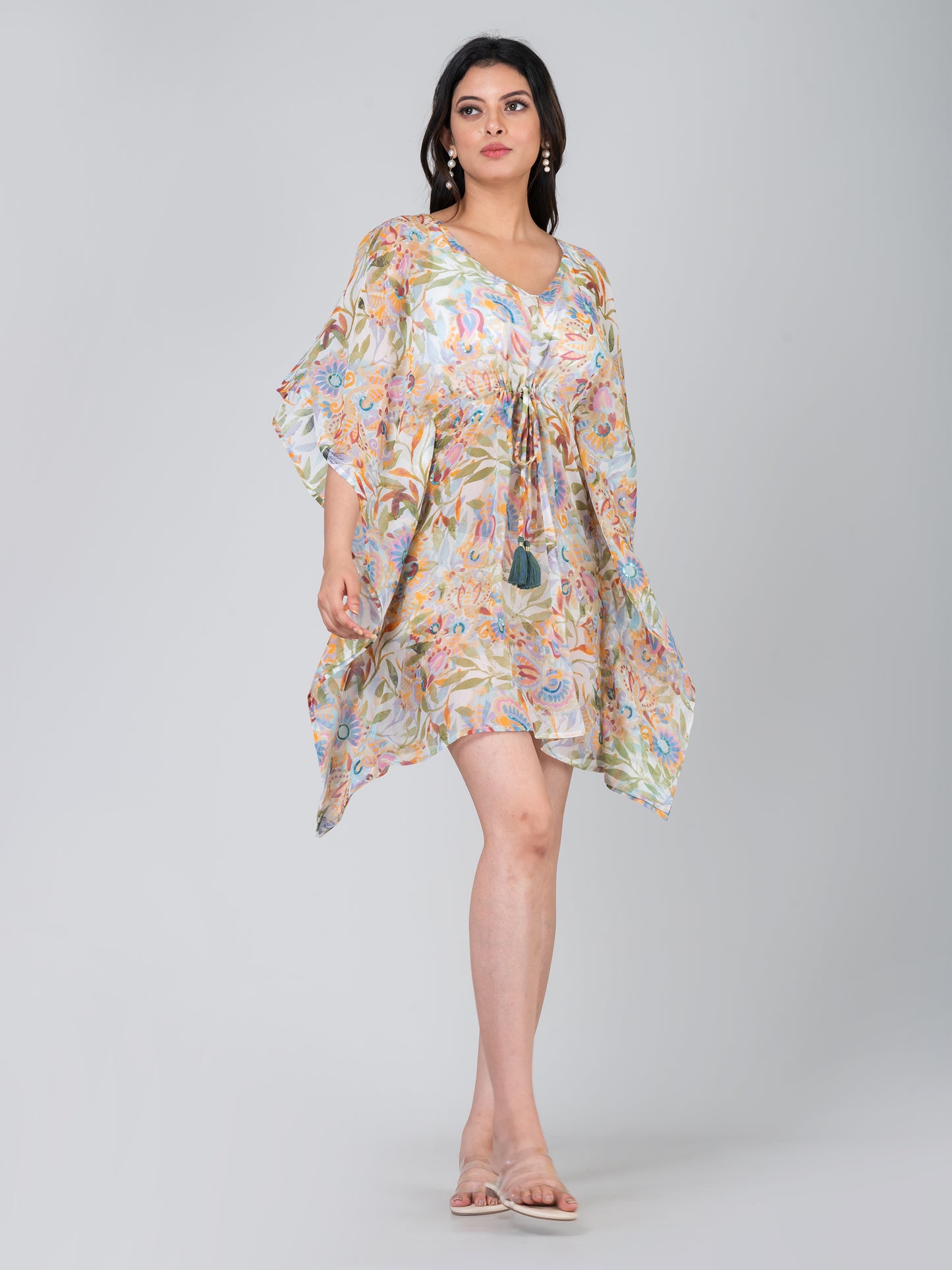 Women's Printed Sheer Cover Up Hand Sequin Embroidered Kaftan
