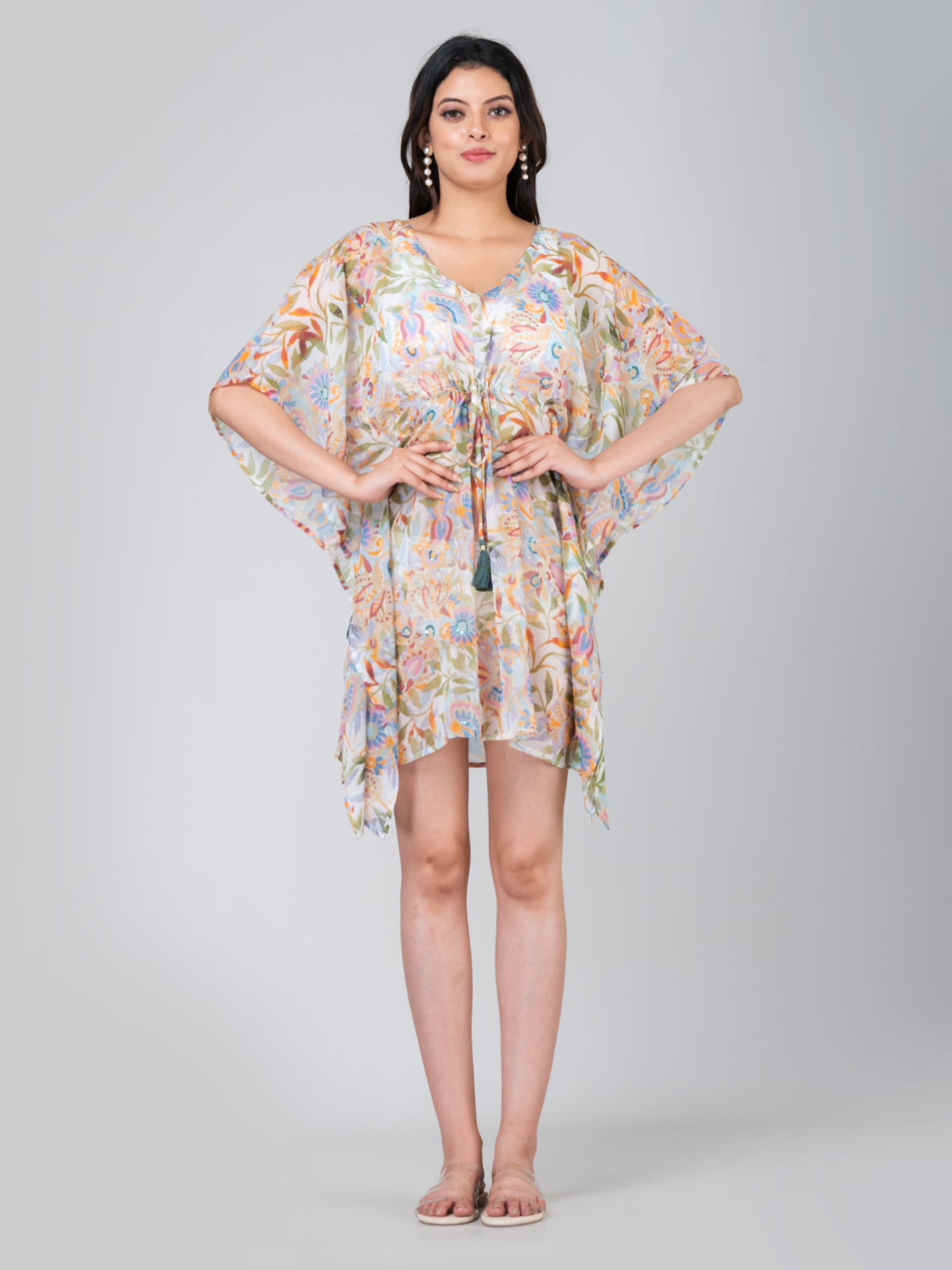 Women's Printed Sheer Cover Up Hand Sequin Embroidered Kaftan