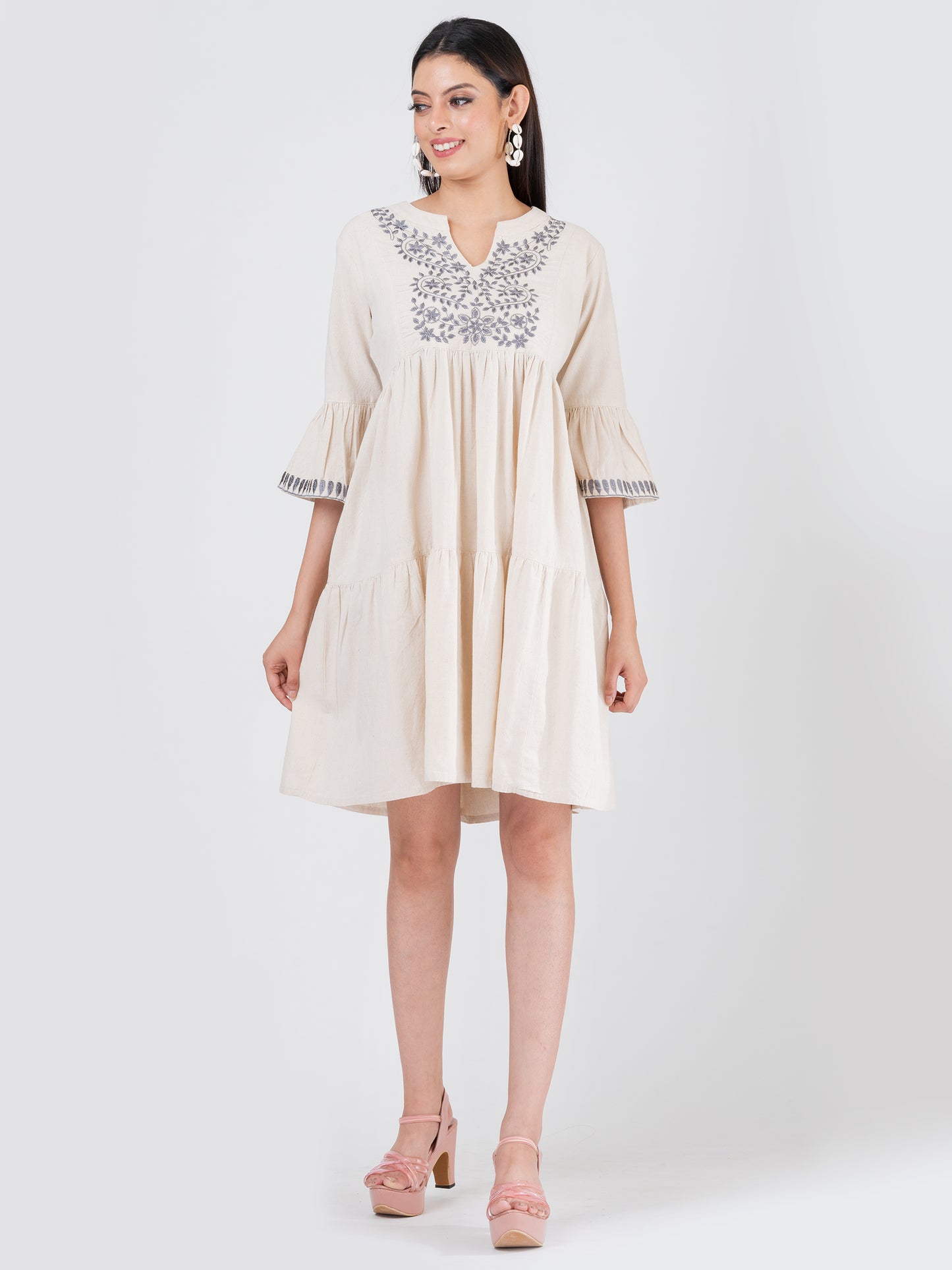 Women’s Linen Cotton Embroidered Ruffled Sleeve Tier Dress