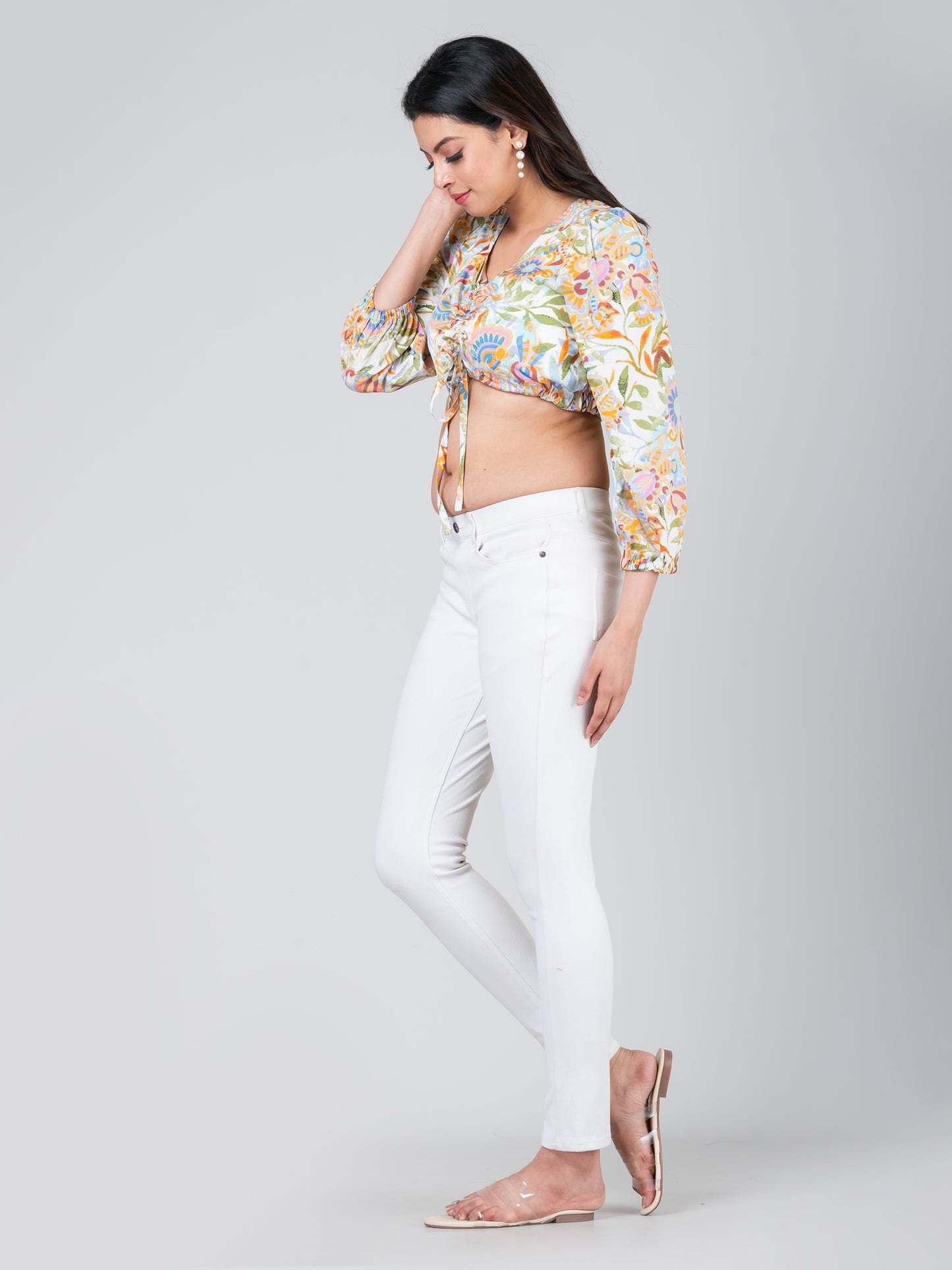 Women's Crepe Ruched Drawstring Front V Neck Crop Top
