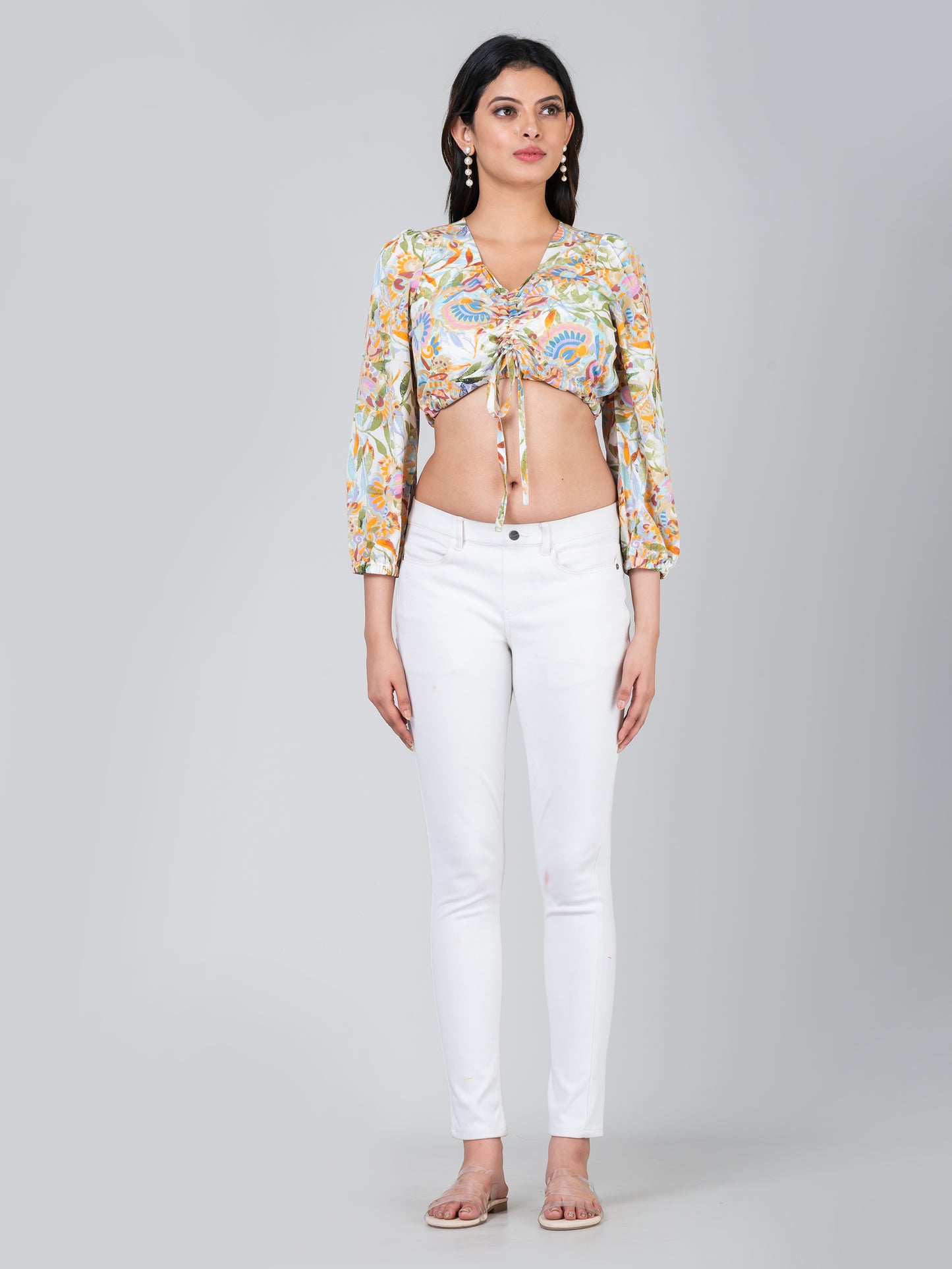 Women's Crepe Ruched Drawstring Front V Neck Crop Top