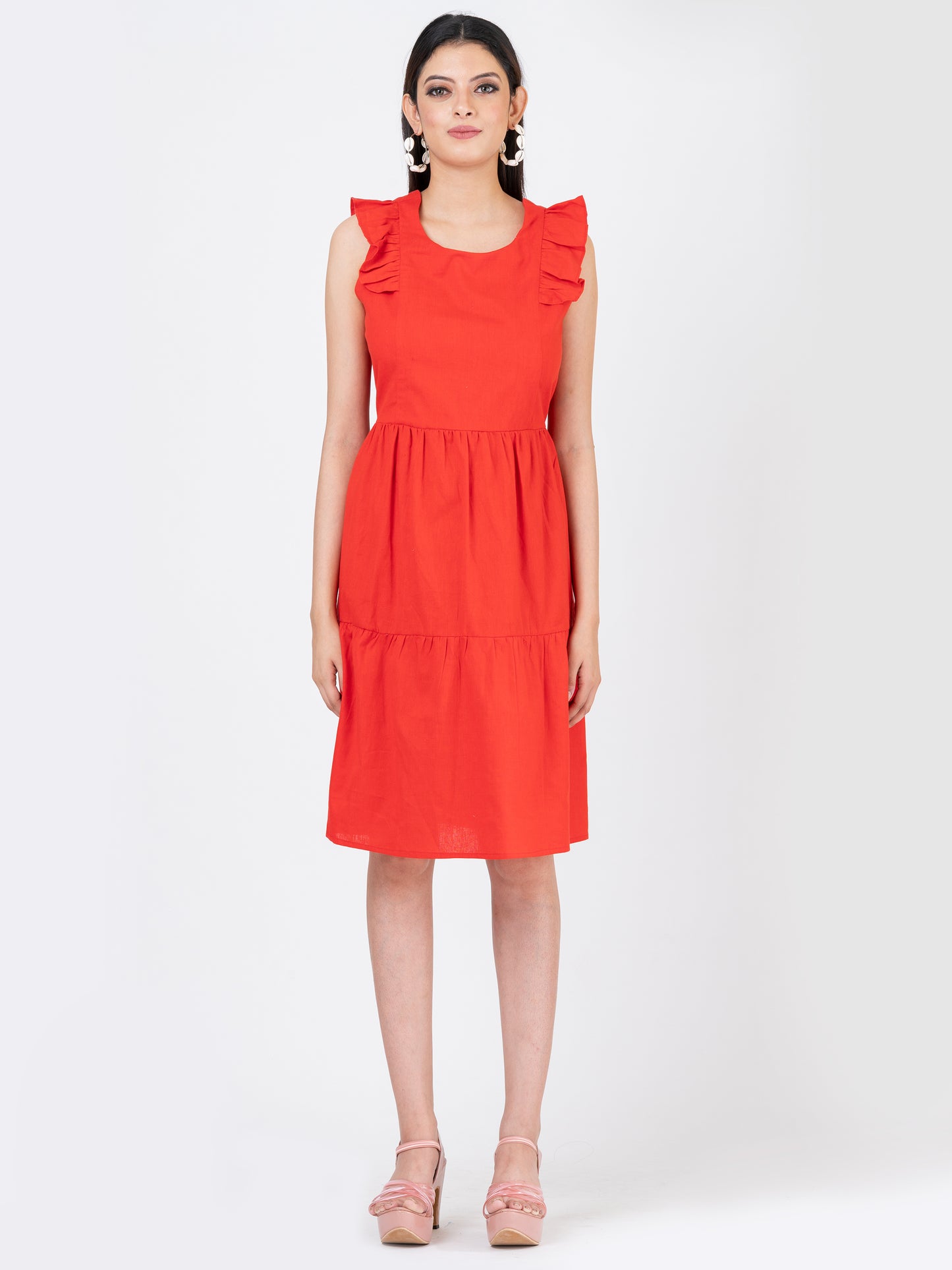 Women's Linen Cotton Red Brunch Outfits With Ruffle Sleeves-Brunch Dress