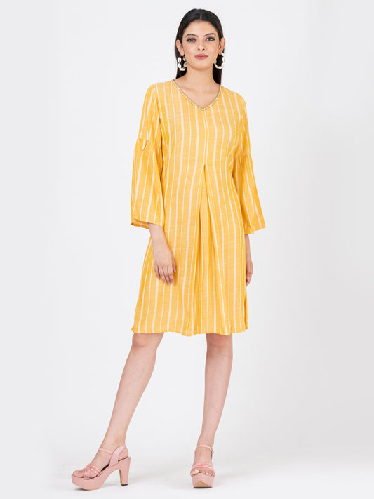 Women's Soft Cotton Yellow Striped Midi Dress