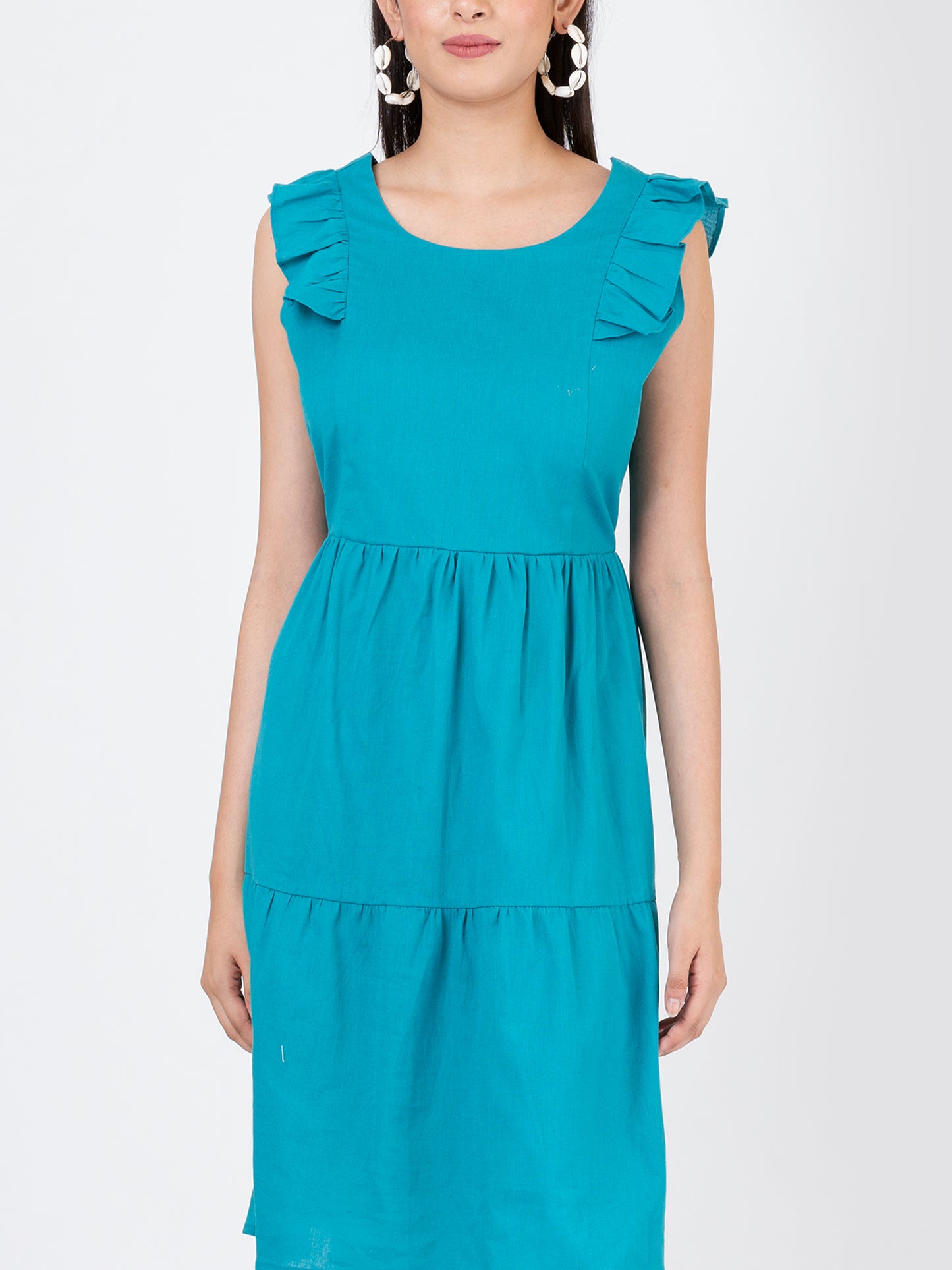 Women's Linen Cotton Teal Brunch Outfits With Ruffle Sleeves-Brunch Dress