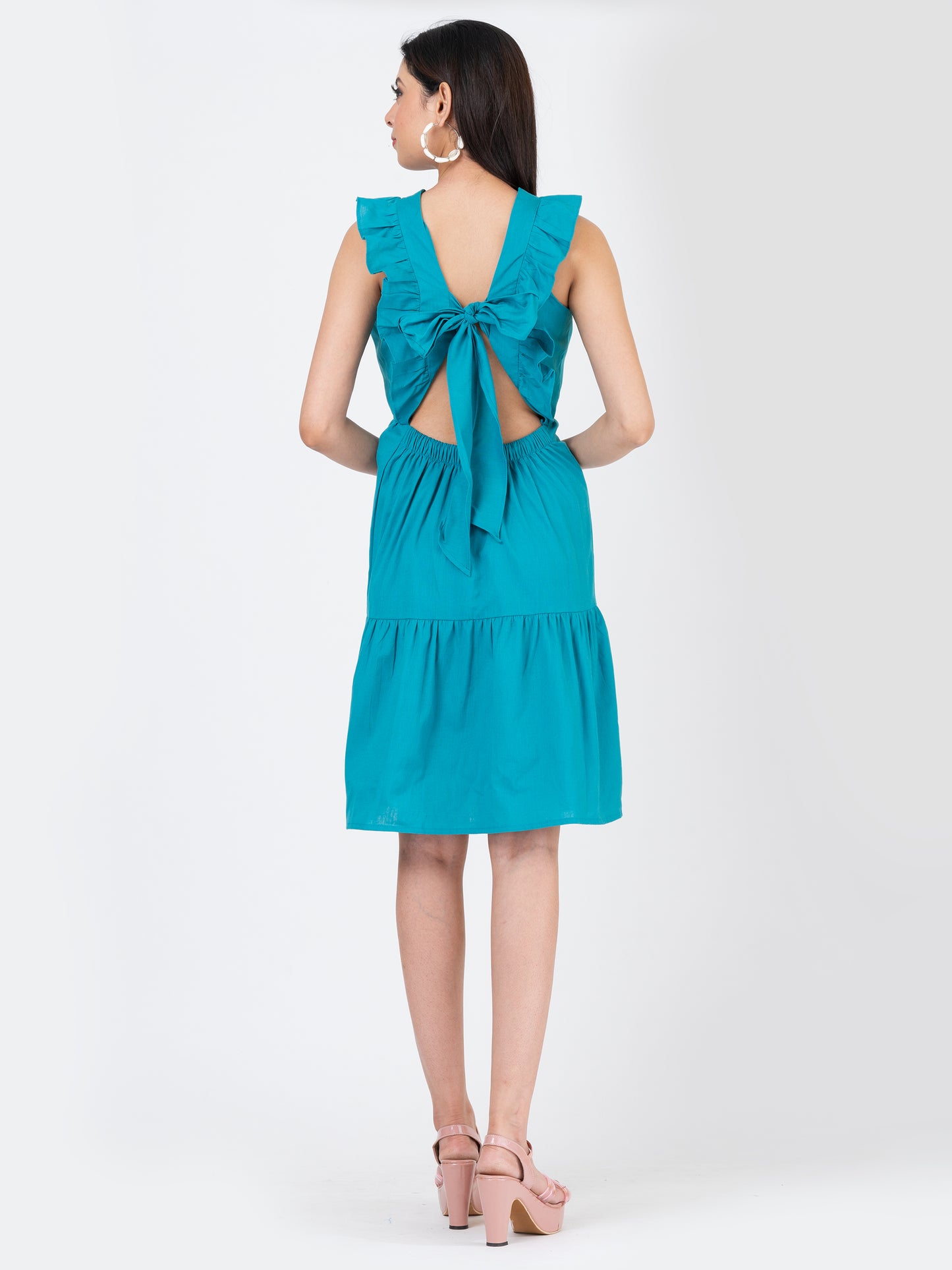 Women's Linen Cotton Teal Brunch Outfits With Ruffle Sleeves-Brunch Dress