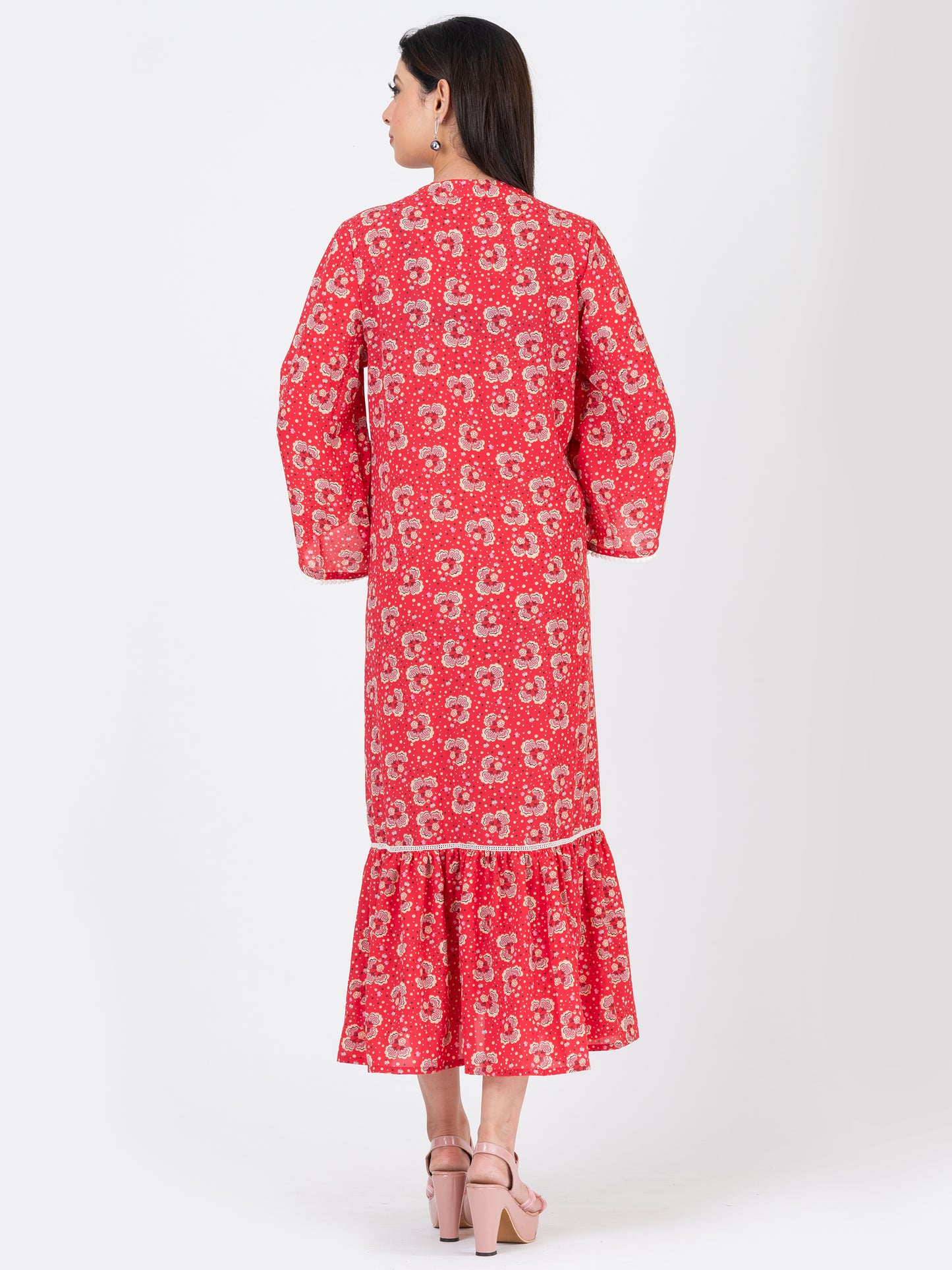 Women's Floral Printed Coral Casual Midi Dress