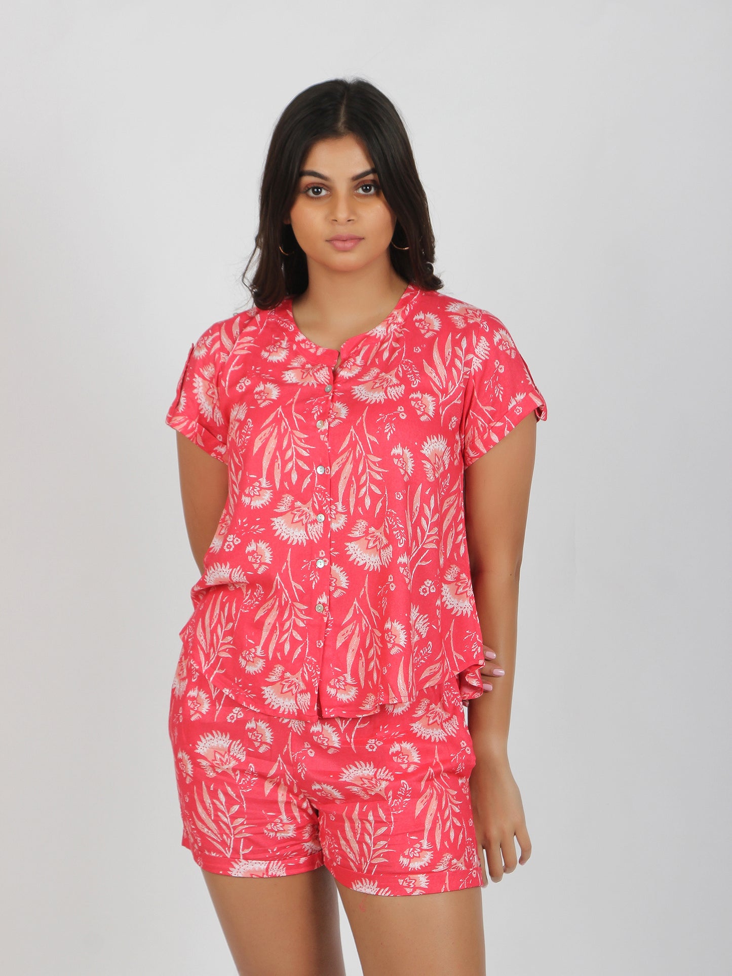 Women's Comfortable Sleepwear Set-(Lounge Top & Shorts)-Moroccan Rose