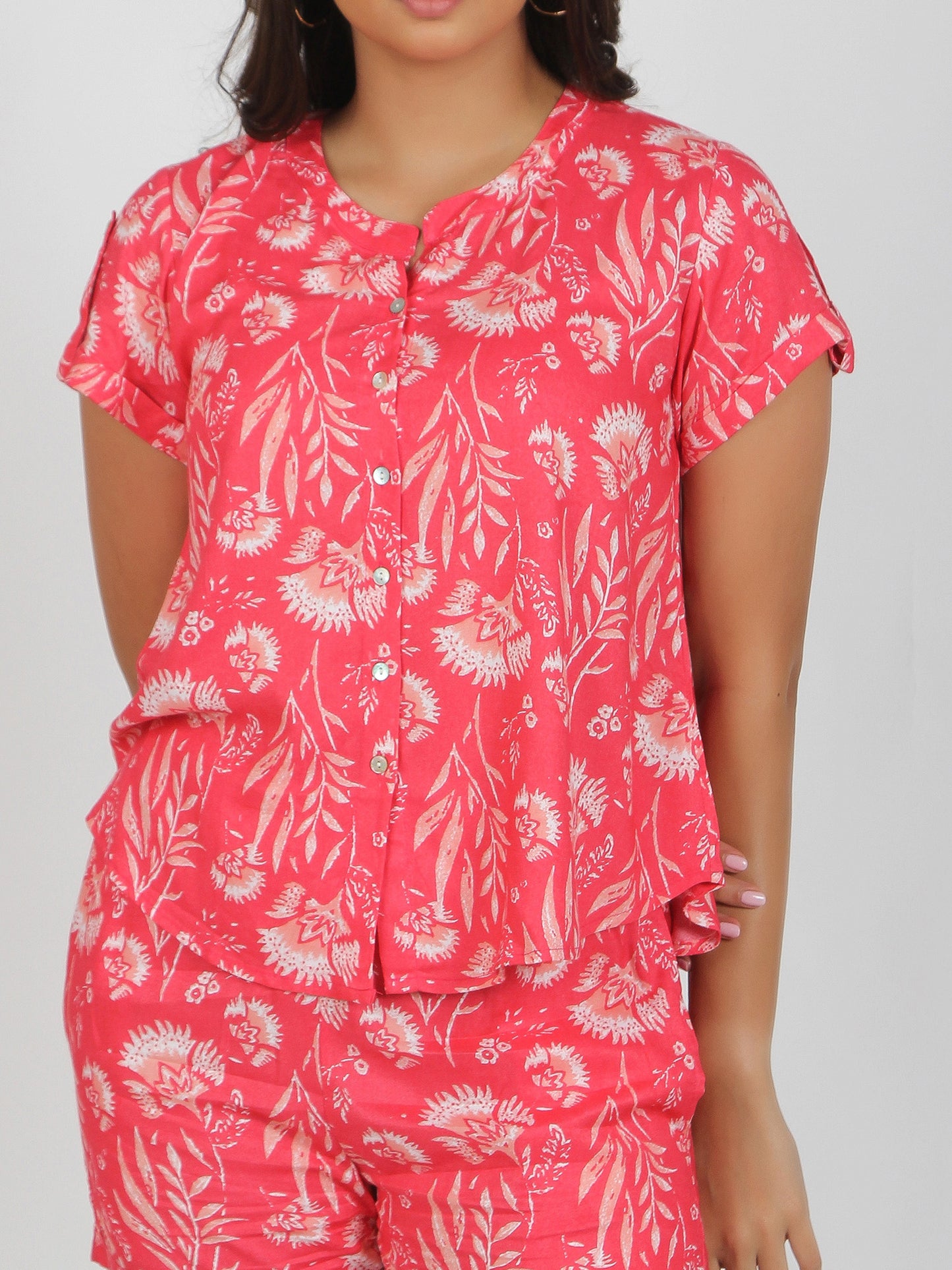 Women's Comfortable Sleepwear Set-(Lounge Top & Shorts)-Moroccan Rose