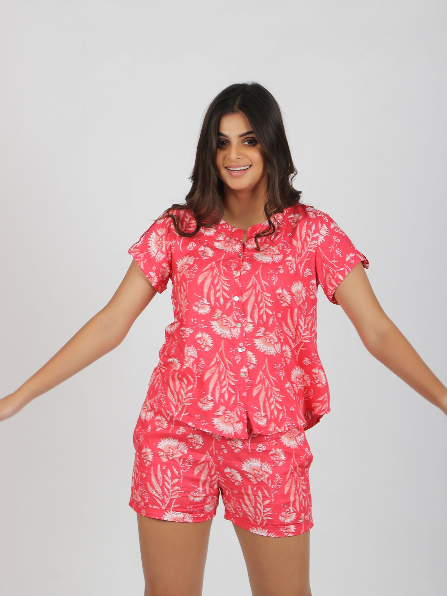 Women's Comfortable Sleepwear Set-(Lounge Top & Shorts)-Moroccan Rose
