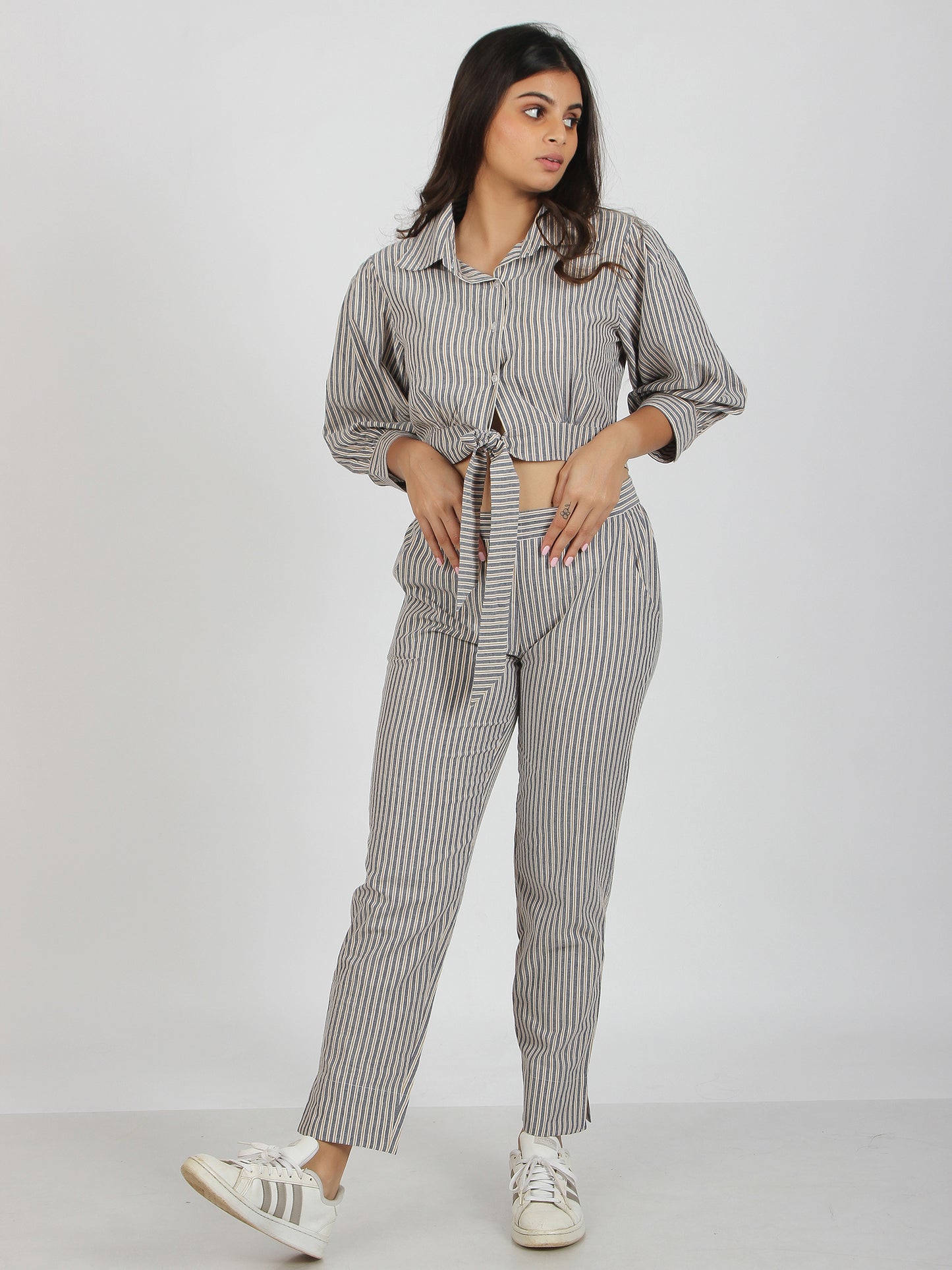 Casper Grey Striped Front Knot Cotton  Co-ord Set