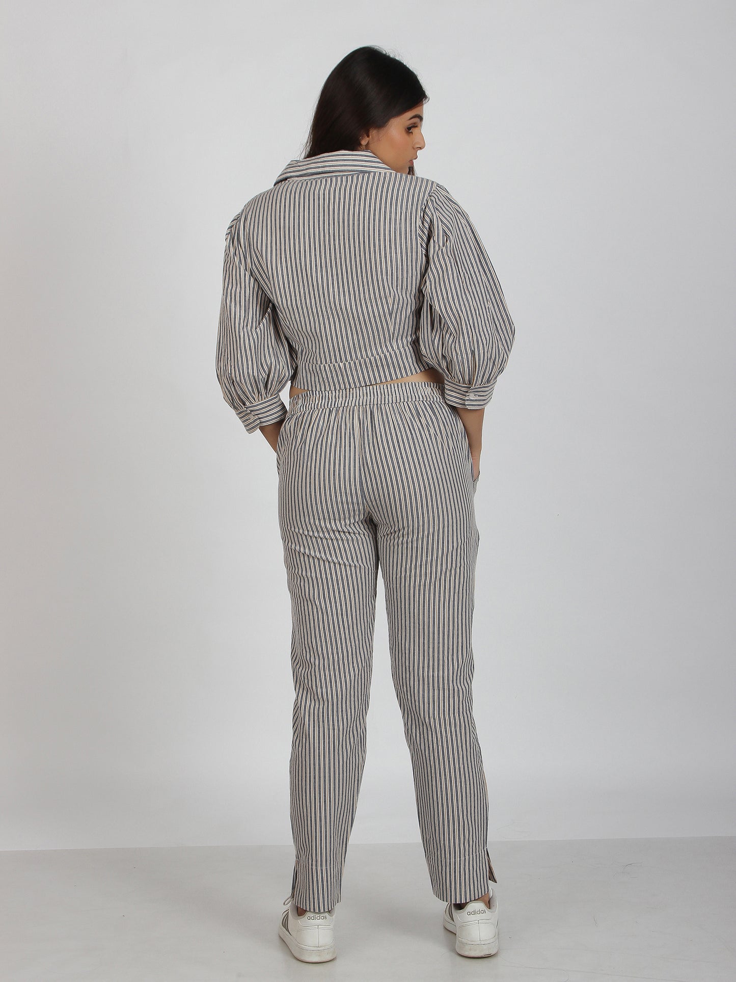 Casper Grey Striped Front Knot Cotton Co-ord Set