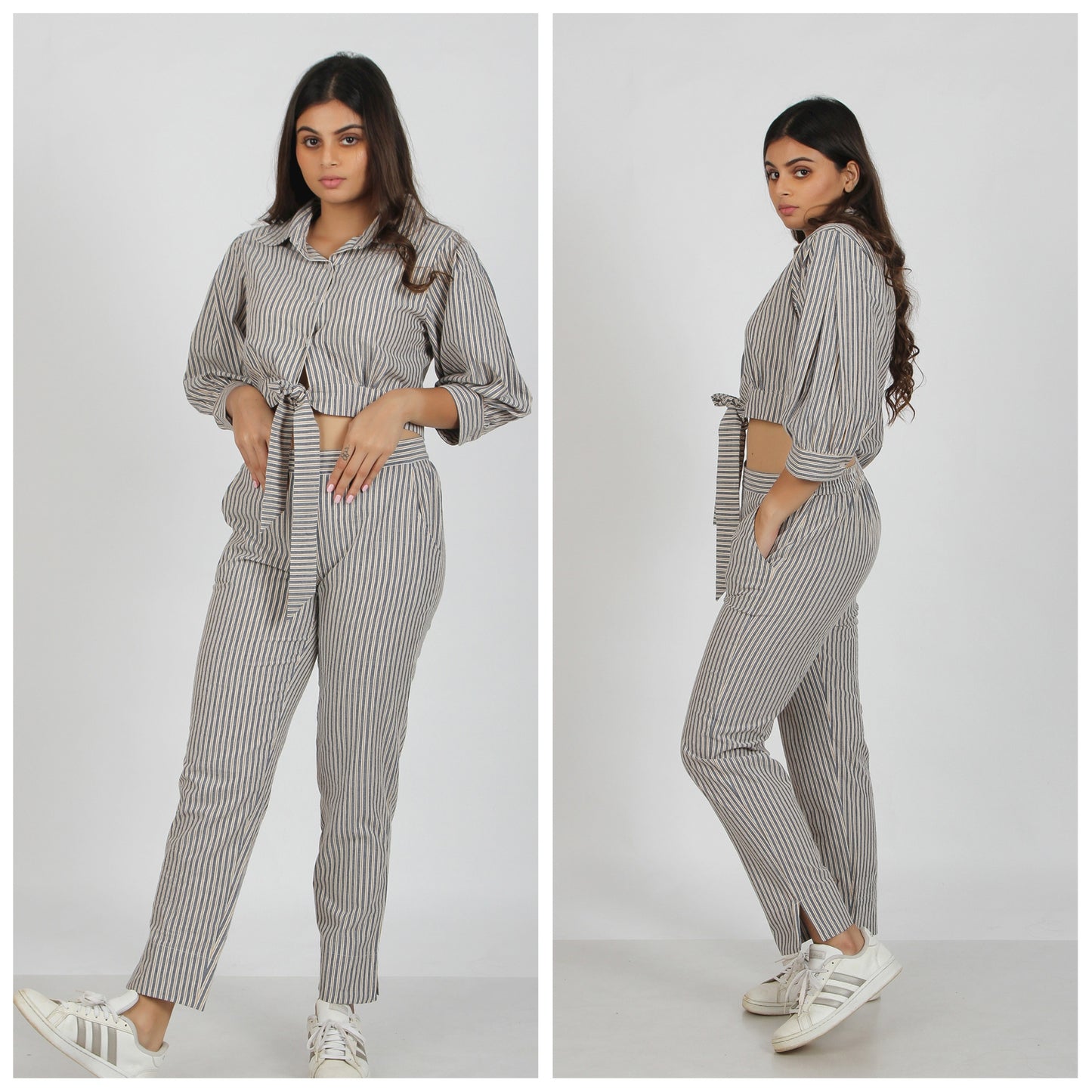 Casper Grey Striped Front Knot Cotton  Co-ord Set