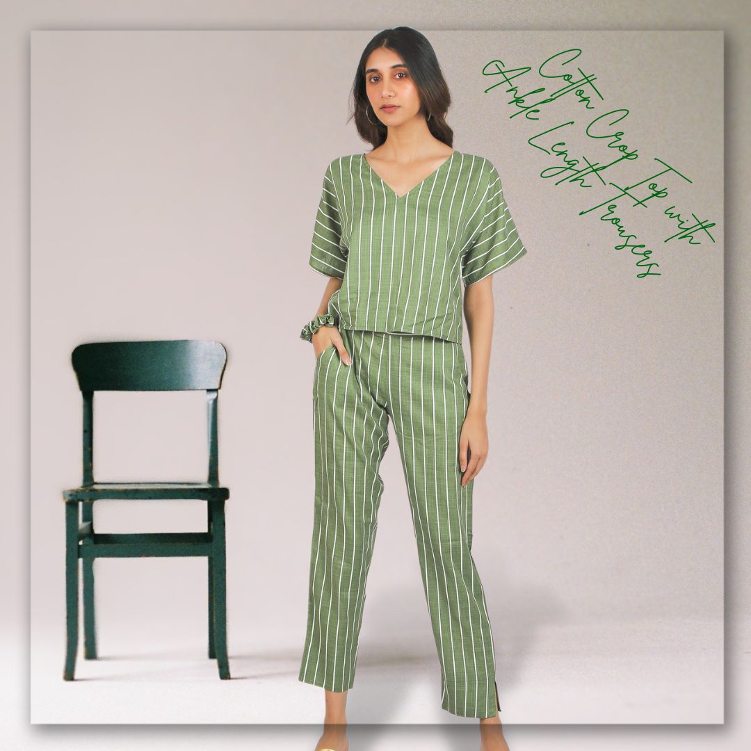 Women's Cotton Crop Top with Ankle Length Trousers Set - Olive White Printed Stripes