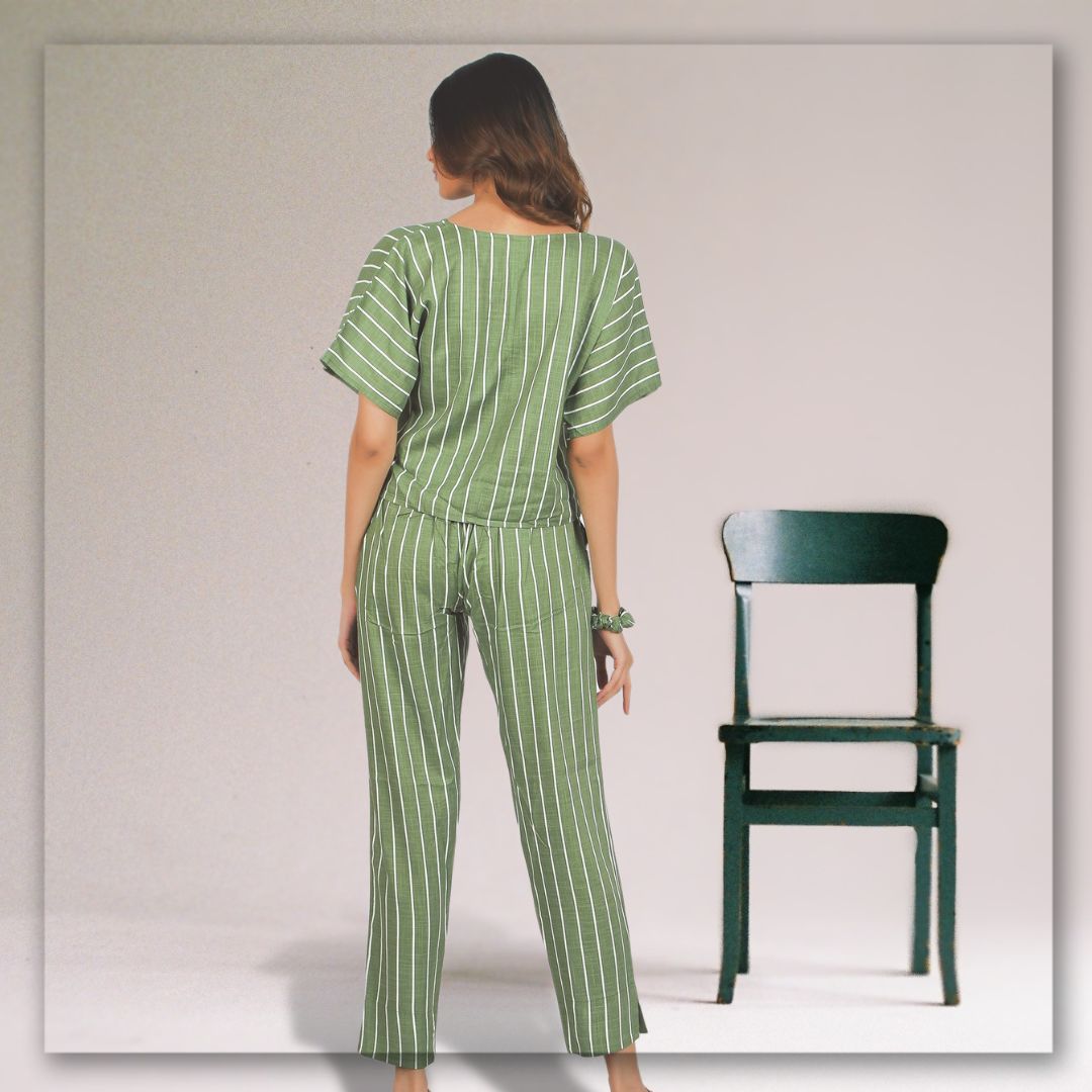Women's Cotton Crop Top with Ankle Length Trousers Set - Olive White Printed Stripes