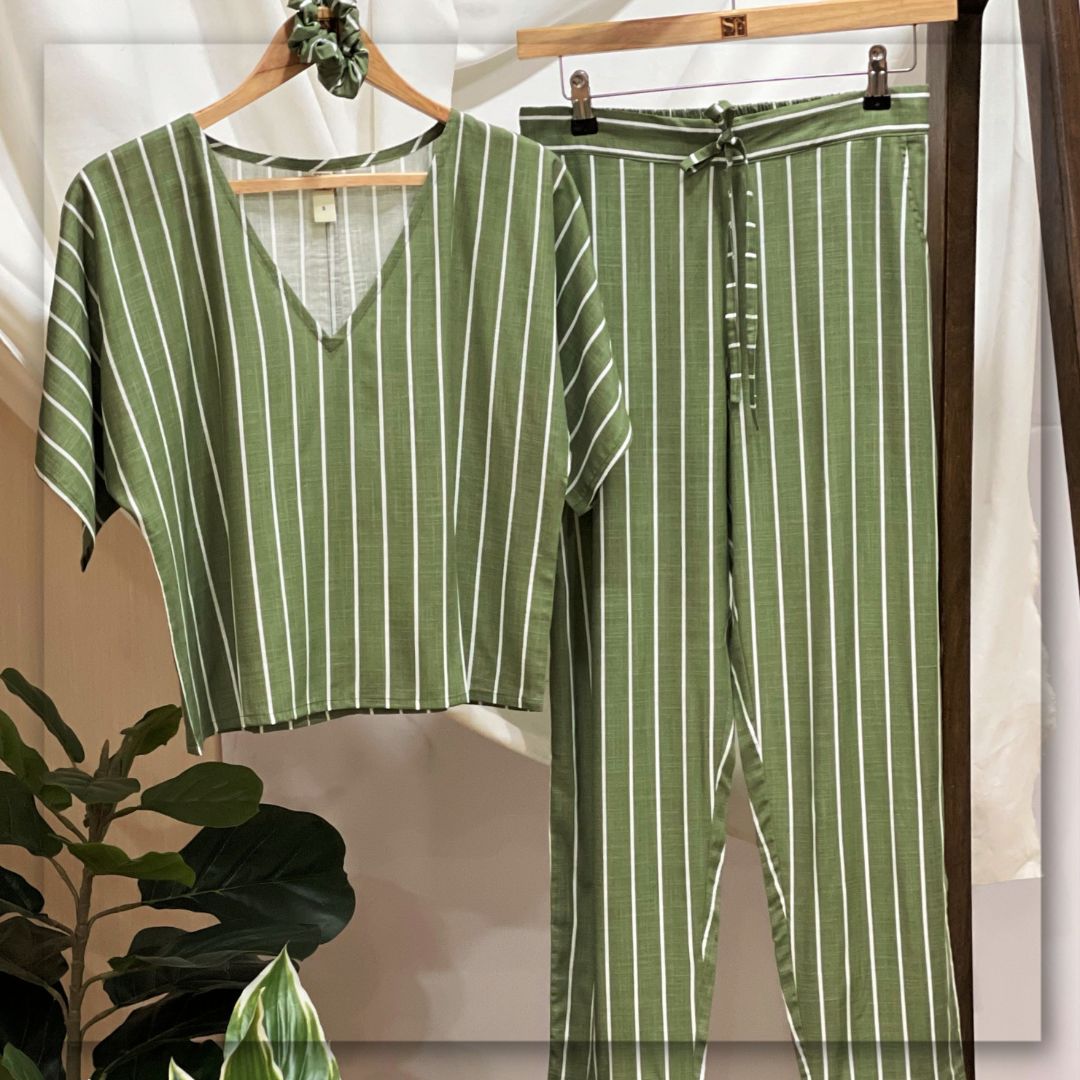 Women's Cotton Crop Top with Ankle Length Trousers Set - Olive White Printed Stripes