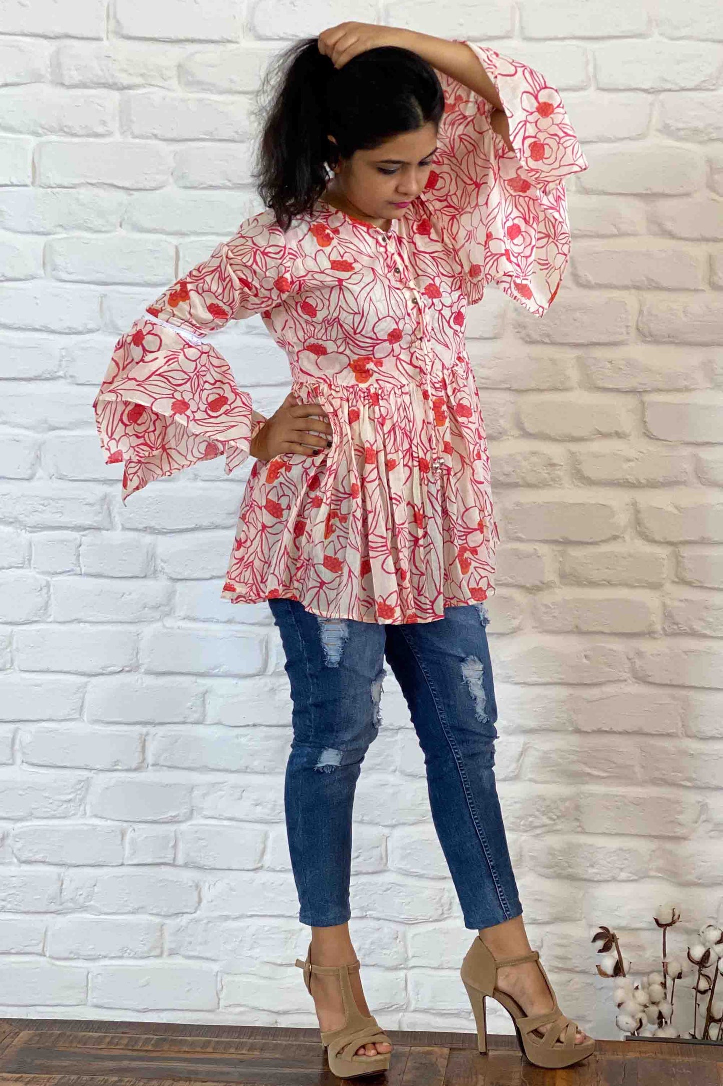 Womens Casual Floral Peplum Top with Tassel Tie
