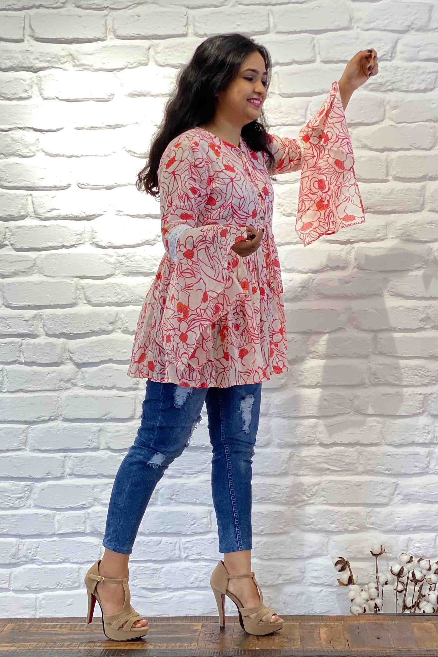 Womens Casual Floral Peplum Top with Tassel Tie