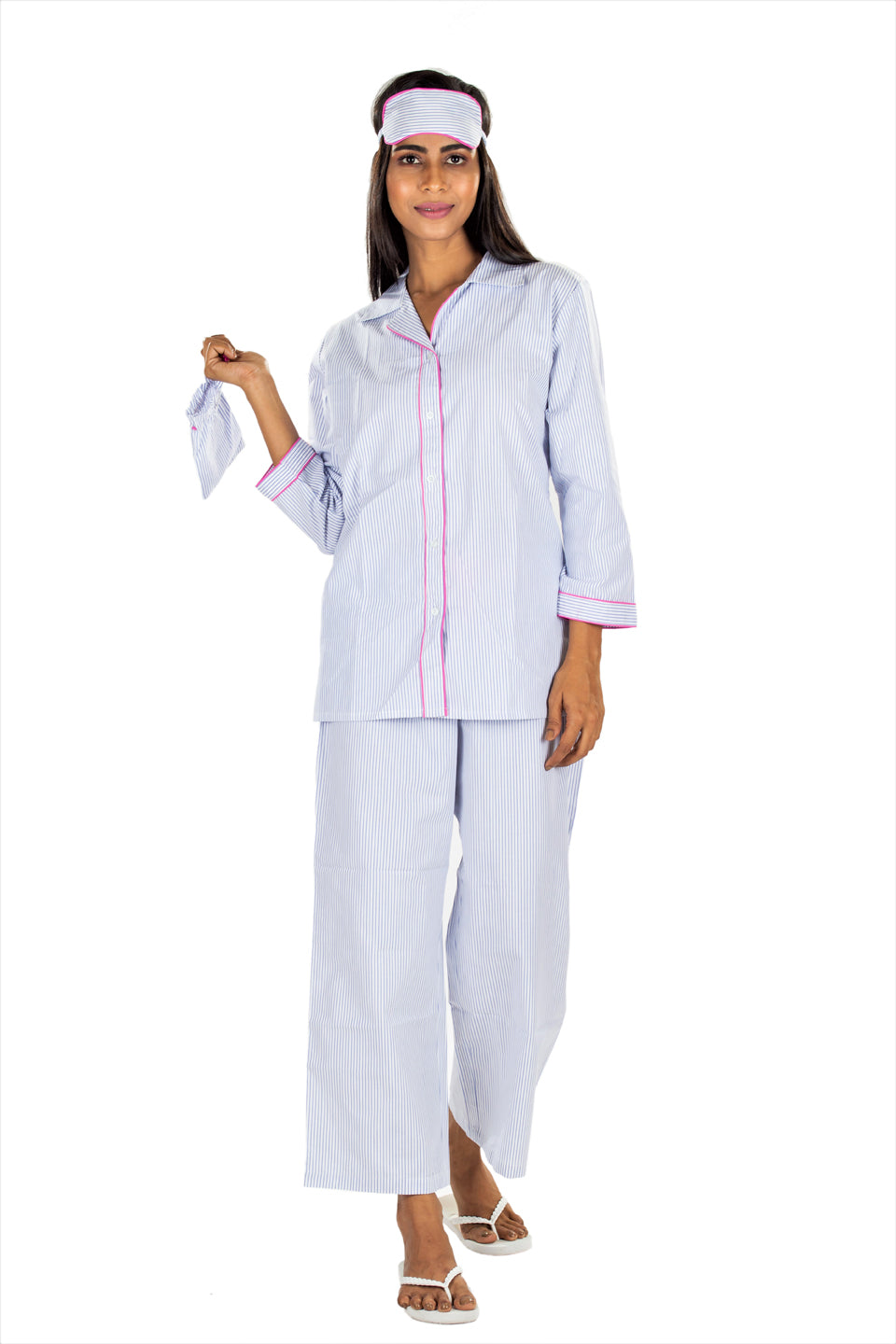Women's Cotton Nightsuit - Blue White Stripes