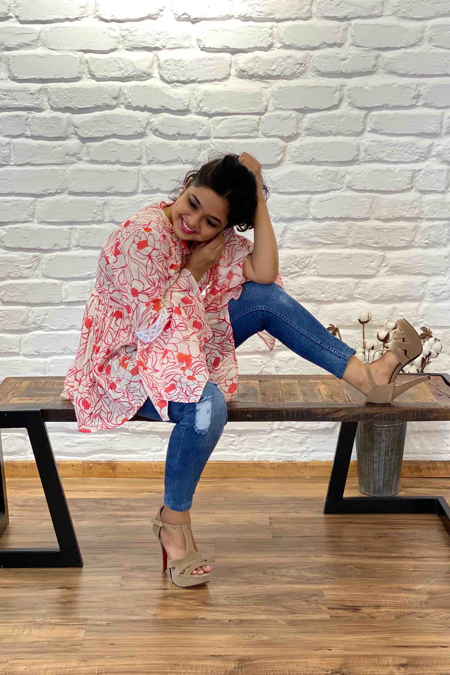 Womens Casual Floral Peplum Top with Tassel Tie