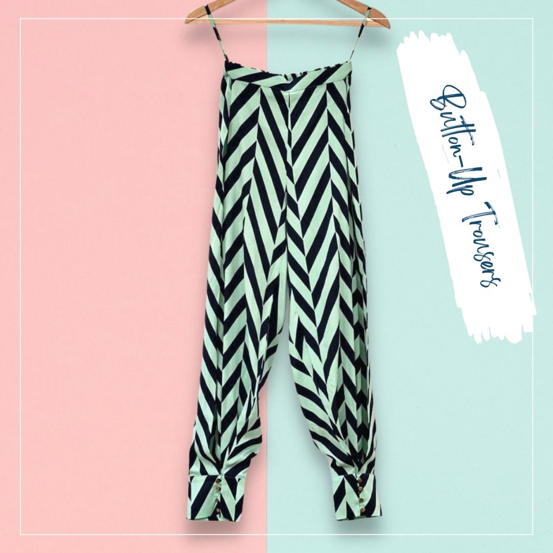 Women's Button-Up Trousers - Mint Navy Heringbone