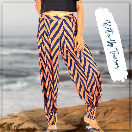 Women's Button-Up Trousers - Orange Navy Heringbone