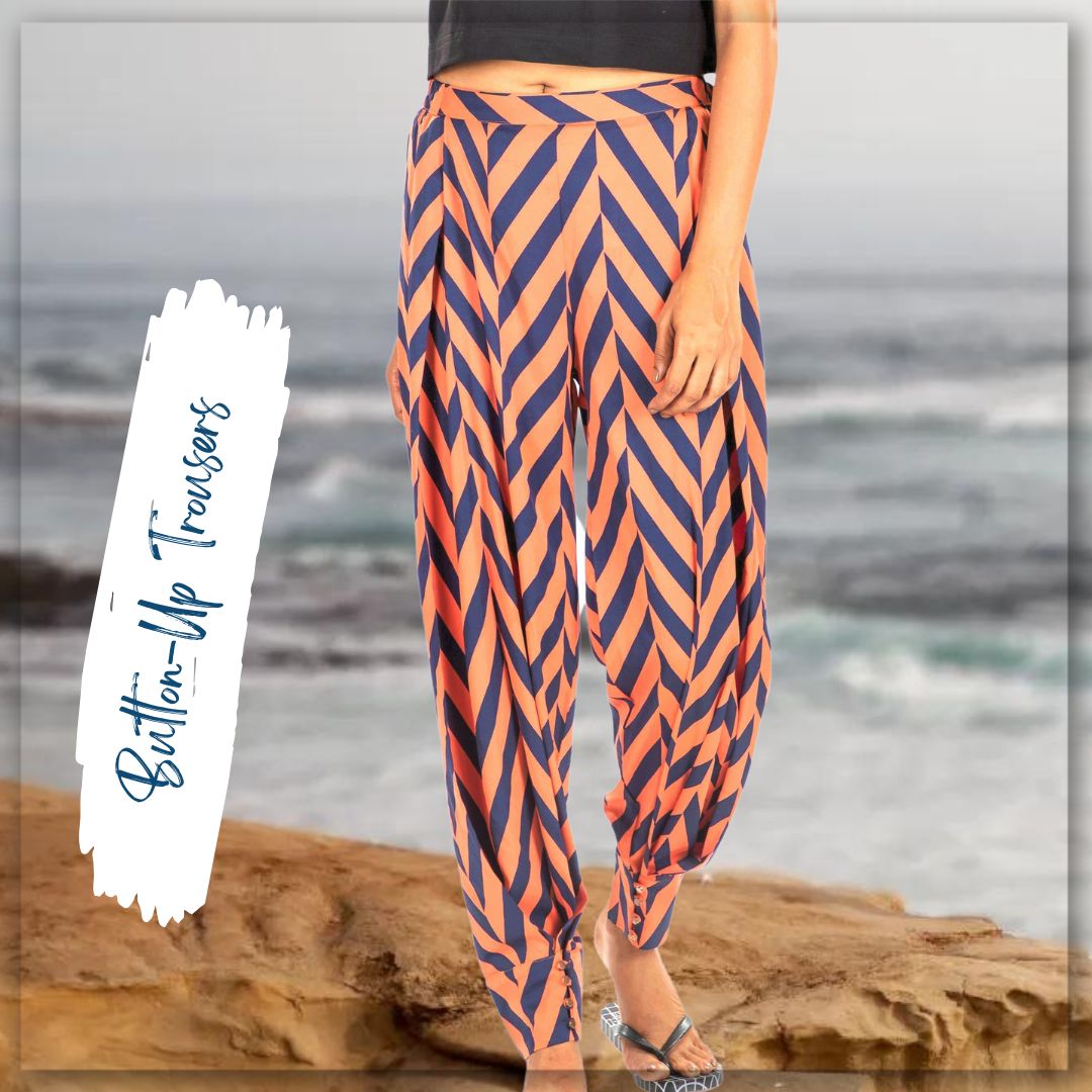 Women's Button-Up Trousers - Orange Navy Heringbone