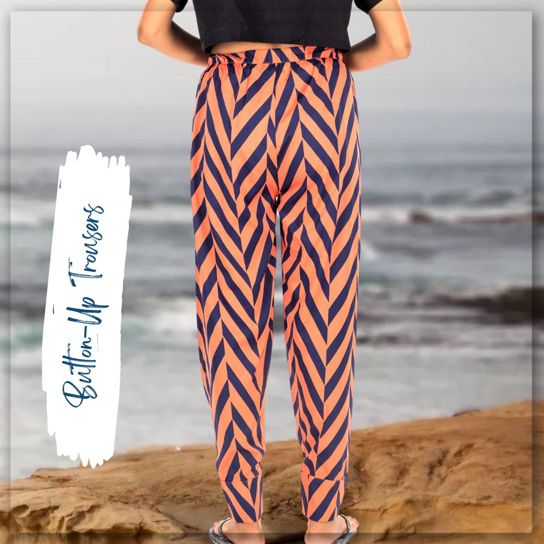 Women's Button-Up Trousers - Orange Navy Heringbone