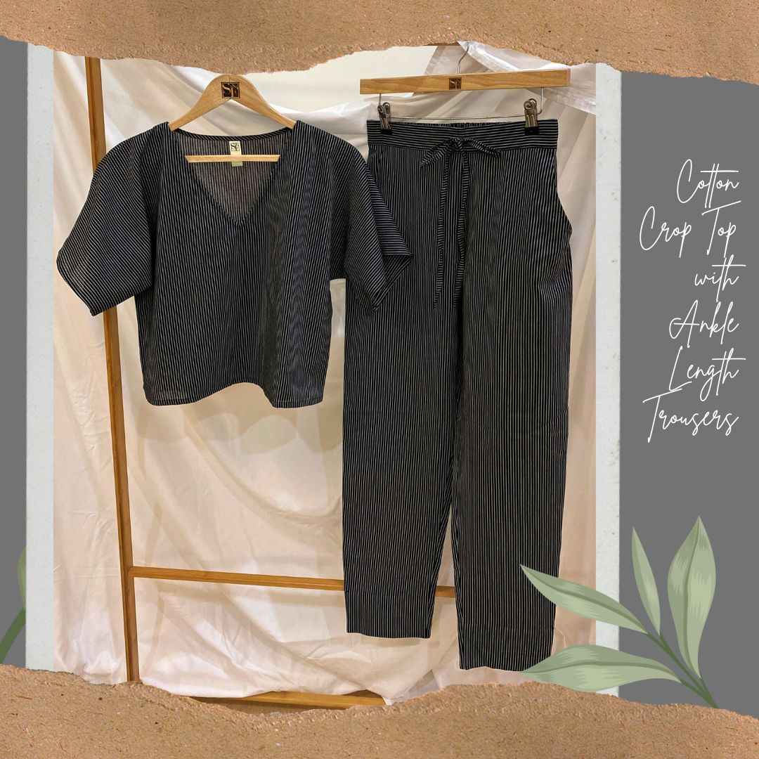 Women's Cotton Crop Top with Ankle Length Trousers Set