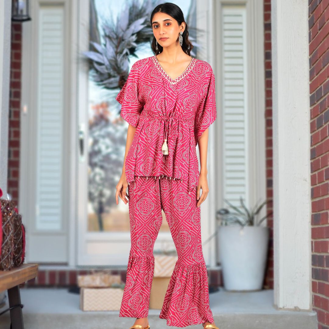 Festive Kaftan Co-Ord Set - Pink Bandhini