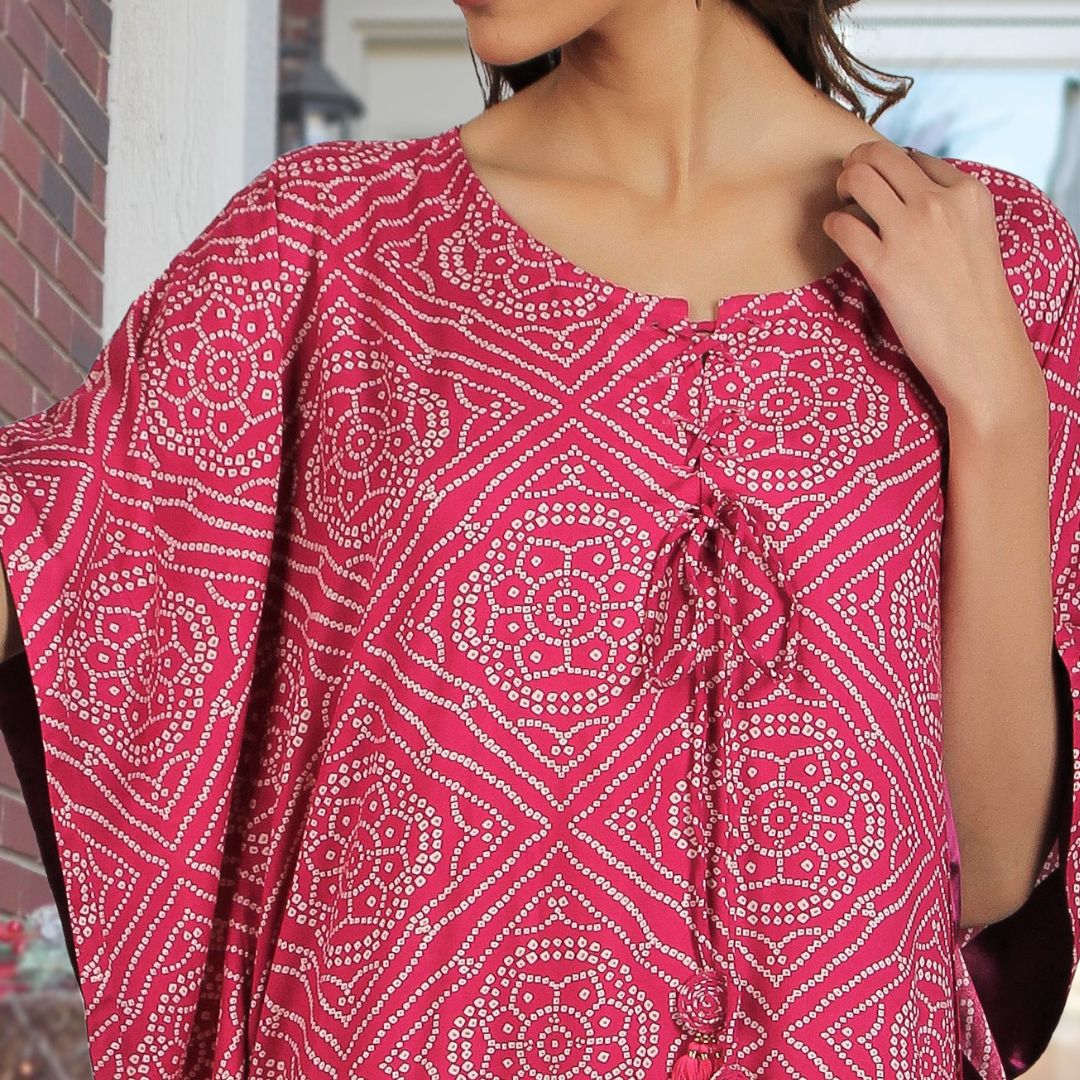 Festive Kaftan Dress - Pink Bandhini