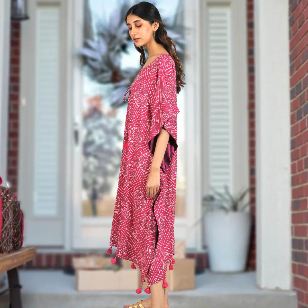 Festive Kaftan Dress - Pink Bandhini