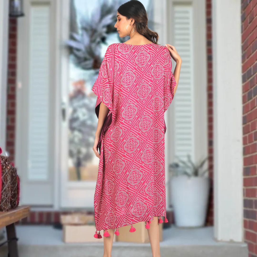 Festive Kaftan Dress - Pink Bandhini