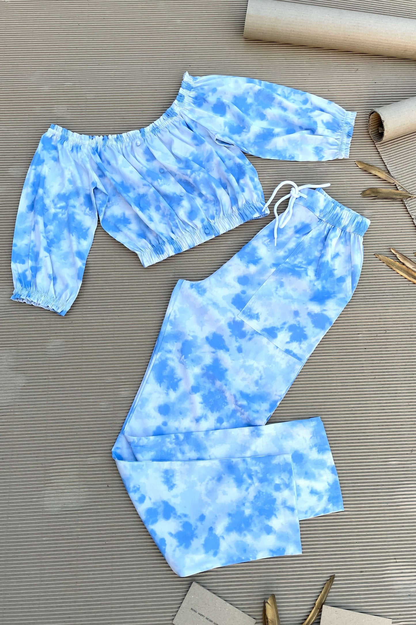 Women's TIE- n- DYE - Off Shoulder Co-Ord Set - Dove Blue