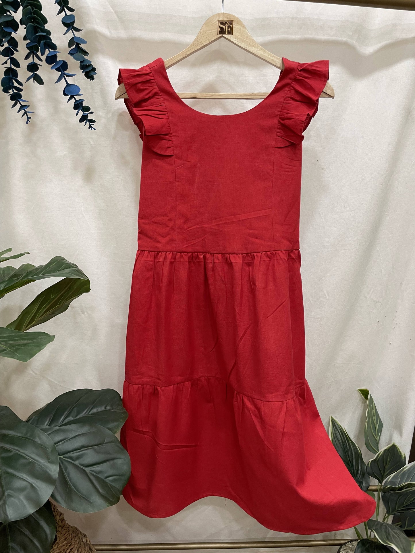 Women's Linen Cotton Red Brunch Outfits With Ruffle Sleeves-Brunch Dress