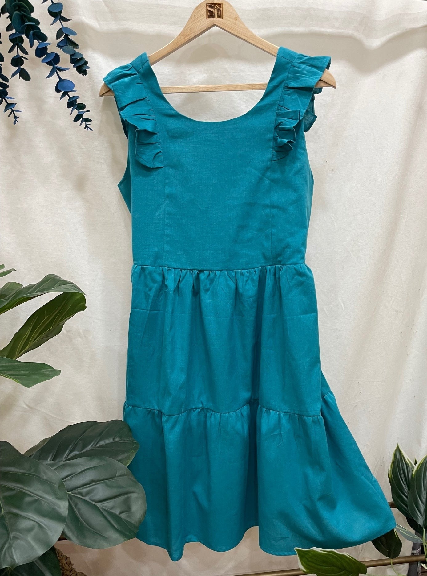 Women's Linen Cotton Teal Brunch Outfits With Ruffle Sleeves-Brunch Dress