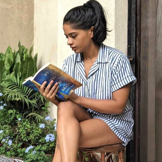 Modal Nightsuit Set - Vintage Stripes (Night Shirt, Pyjama/ Shorts, Sleeping Mask and Pouch)