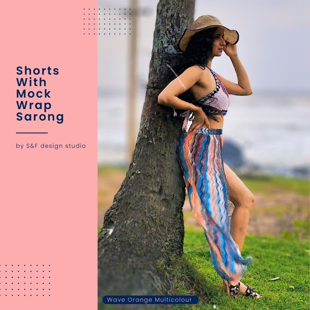 Shorts With Mock Wrap Sarong - Wave Orange Multi Color