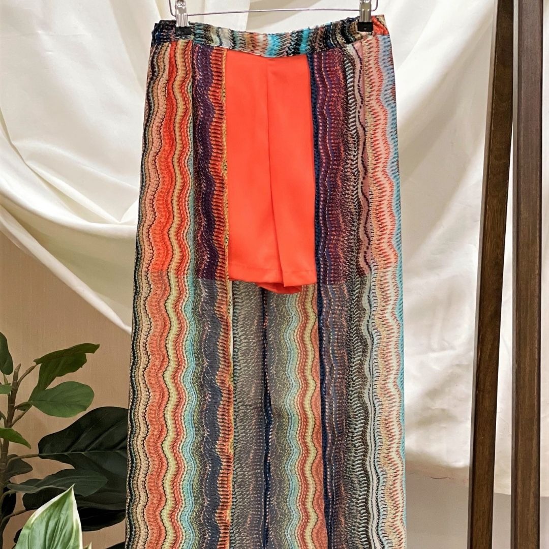 Shorts With Mock Wrap Sarong - Wave Orange Multi Color