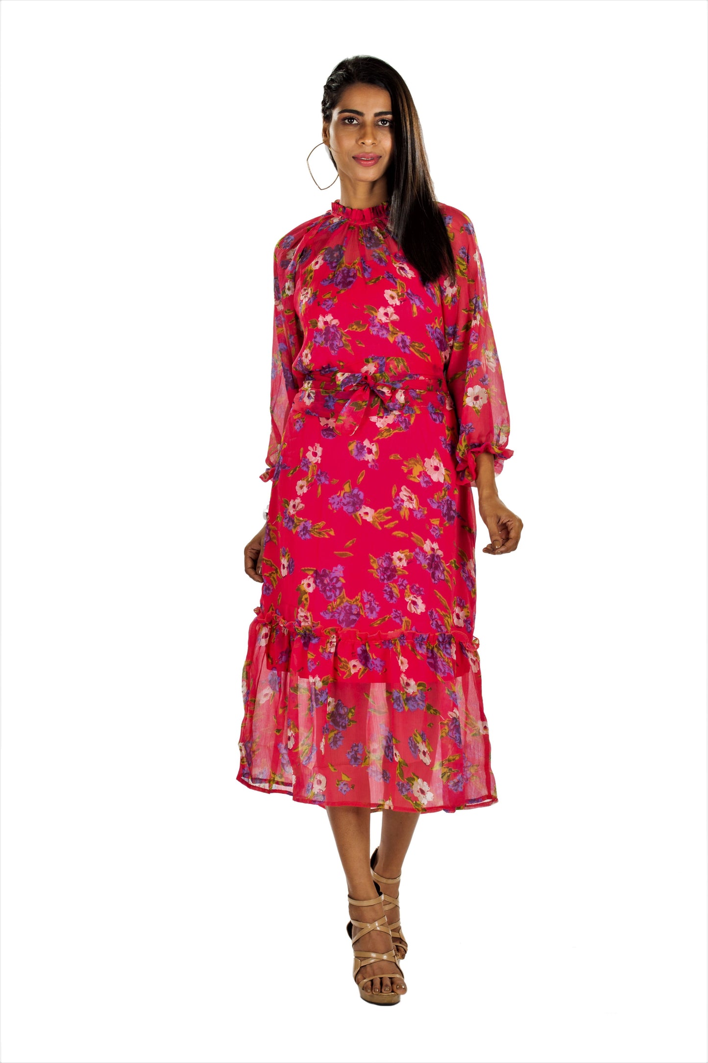 Women's Fresh Printed Frilled Neck Chiffon Long Dress