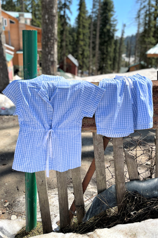 Women's Half Sleeves Shirt with Shorts Nightsuit - Blue White Checks